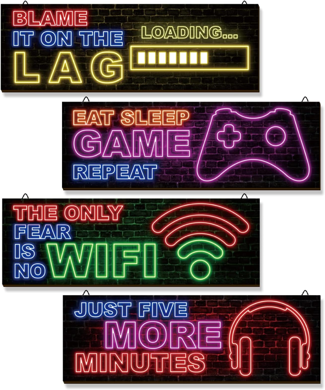 4 Pcs Neon Gaming Decor for Boys Room Wooden Video Game Wall Art Motivational Quote Gamer Hanging Plaques Inspirational Wall Decor for Boys Kids Room Bedroom Playroom Decorations (16 x 5 Inches)