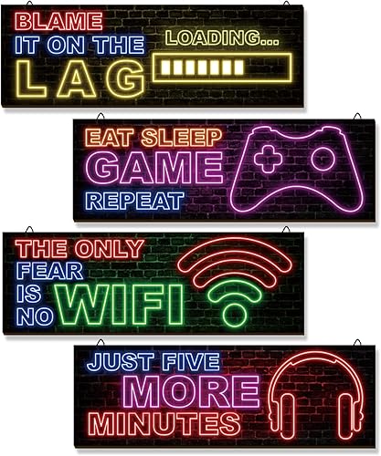 4 piezas de decoración de juegos de neón para habitación de niños, arte de pared de videojuegos de madera, citas motivacionales, placas colgantes