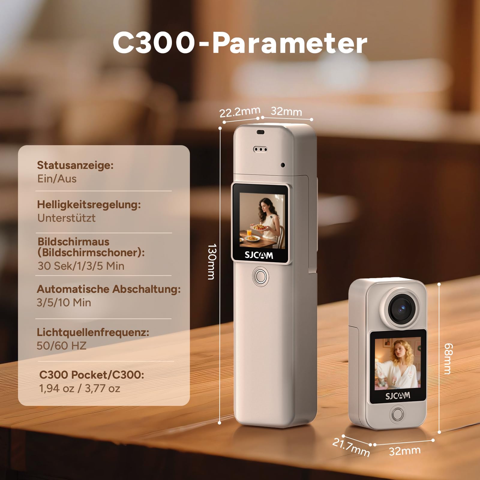 SJCAM C300 Pocket vlog Kamera 4K, 7-Stunden Akkulaufzeit, 6-Achsen-Stabilisierung, Dual-Touchscreen-Körperkamera,30 Meter wasserdicht, für Vlogging und YouTube-Live-Streaming