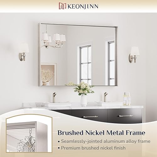 Miniatura 454 de Keonjinn Espejo de baño dorado de 48 x 36 pulgadas, espejo rectangular con marco de metal dorado cepillado, espejo de pared grande rectangular