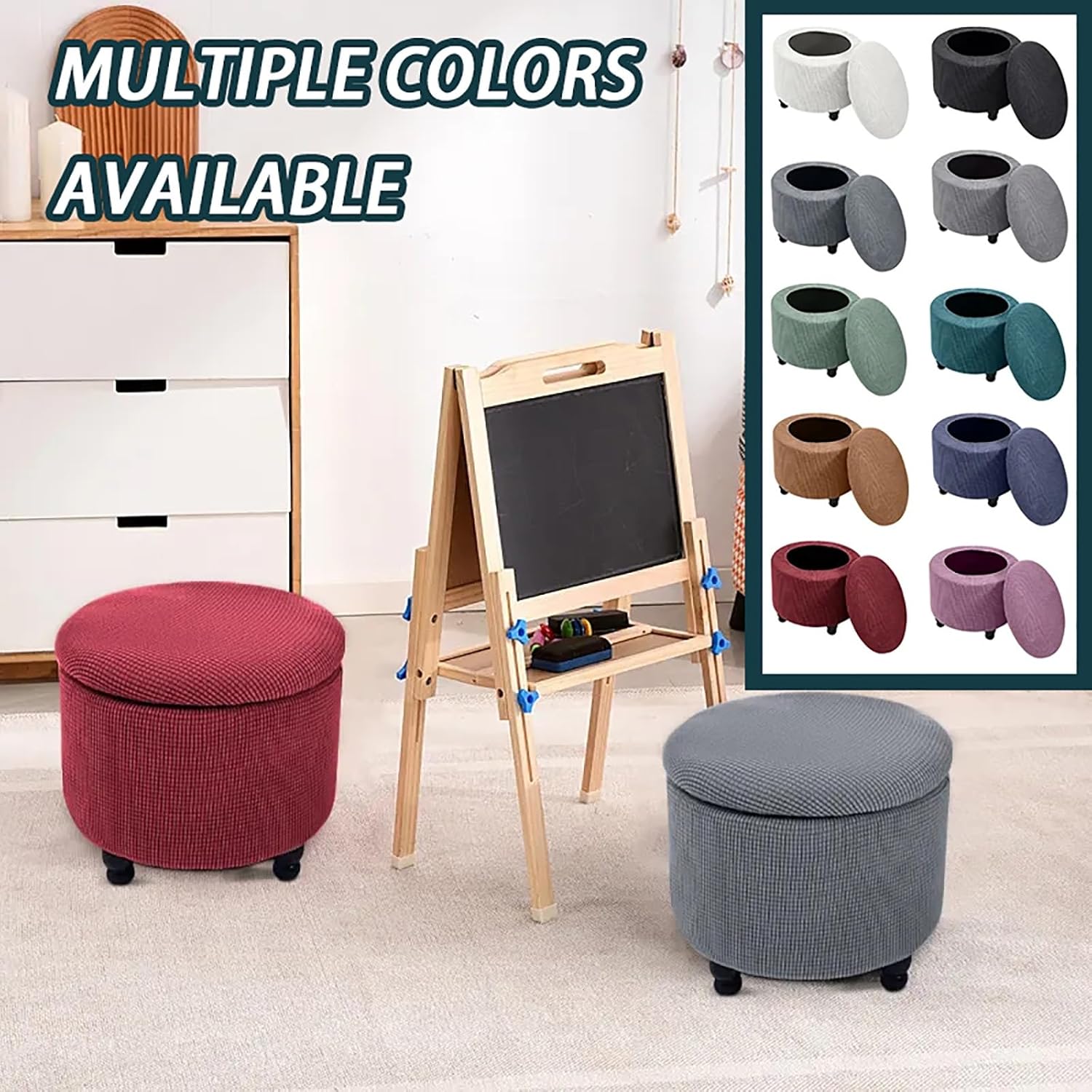 Round Storage Ottoman Covers with Storage Lid Cover, 2 Piece Stretch Stool Slipcover Footstool Protector Covers with Elastic Bottom, Machine Washable Jacquard Fabric (Color : Light Blue)