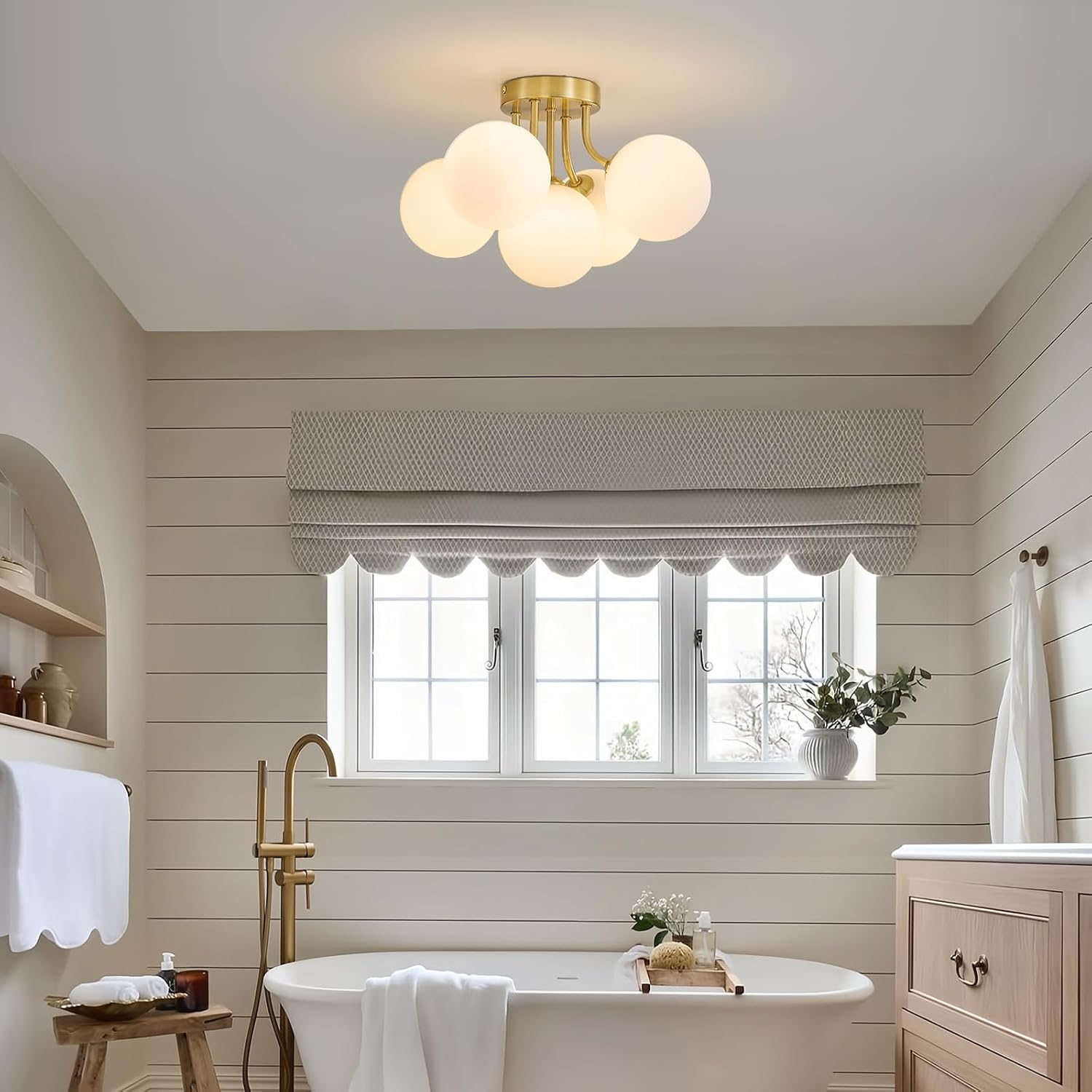Mid Century Modern Sputnik Light: 5 Lights Semi Flush Mount Ceiling Light With Milk White Glass Globe Shades - Gold Finish Fixture Chandelier For Entryway Dining Room Kitchen Living Room Bedroom Decor