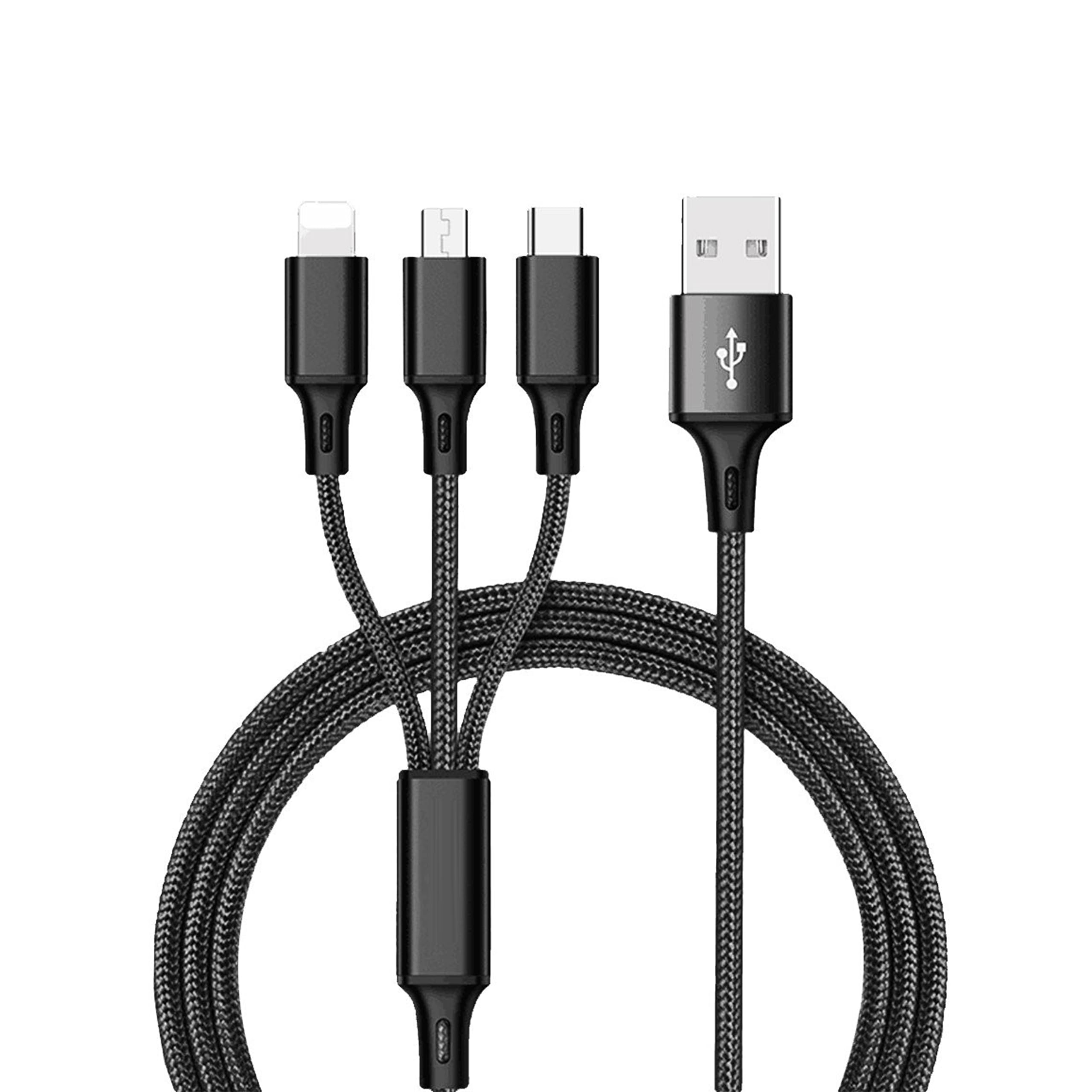 3 in 1 USB Fast Car Charging Cable With Multiple Ports - Universal Unbreakable Cord for Mobile Devices - USB C/Micro/IOS Connector (Black)