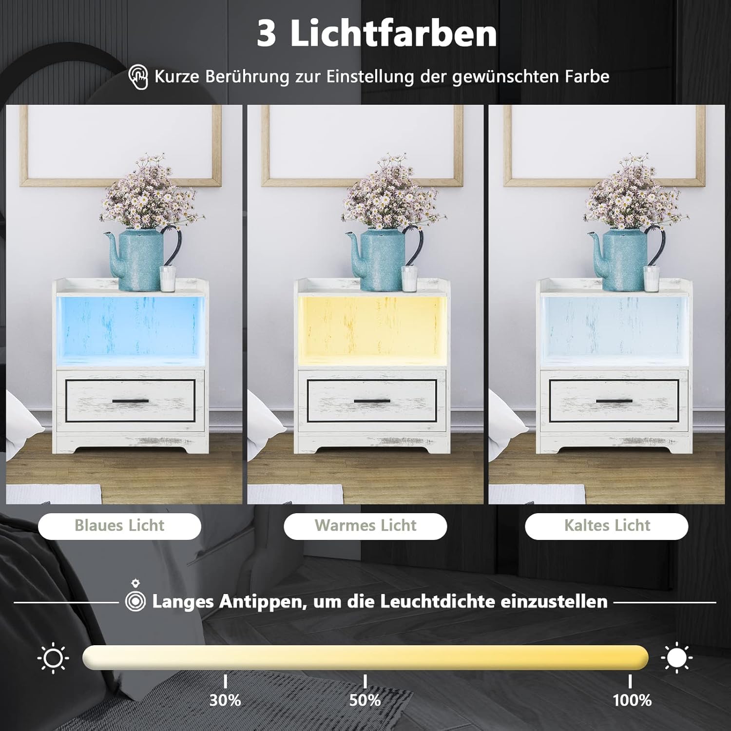 FANTASK Comodino con luce LED, porta USB e stazione di ricarica di tipo C con vano aperto e cassetto, comodino con rilevatore di movimento, bianco