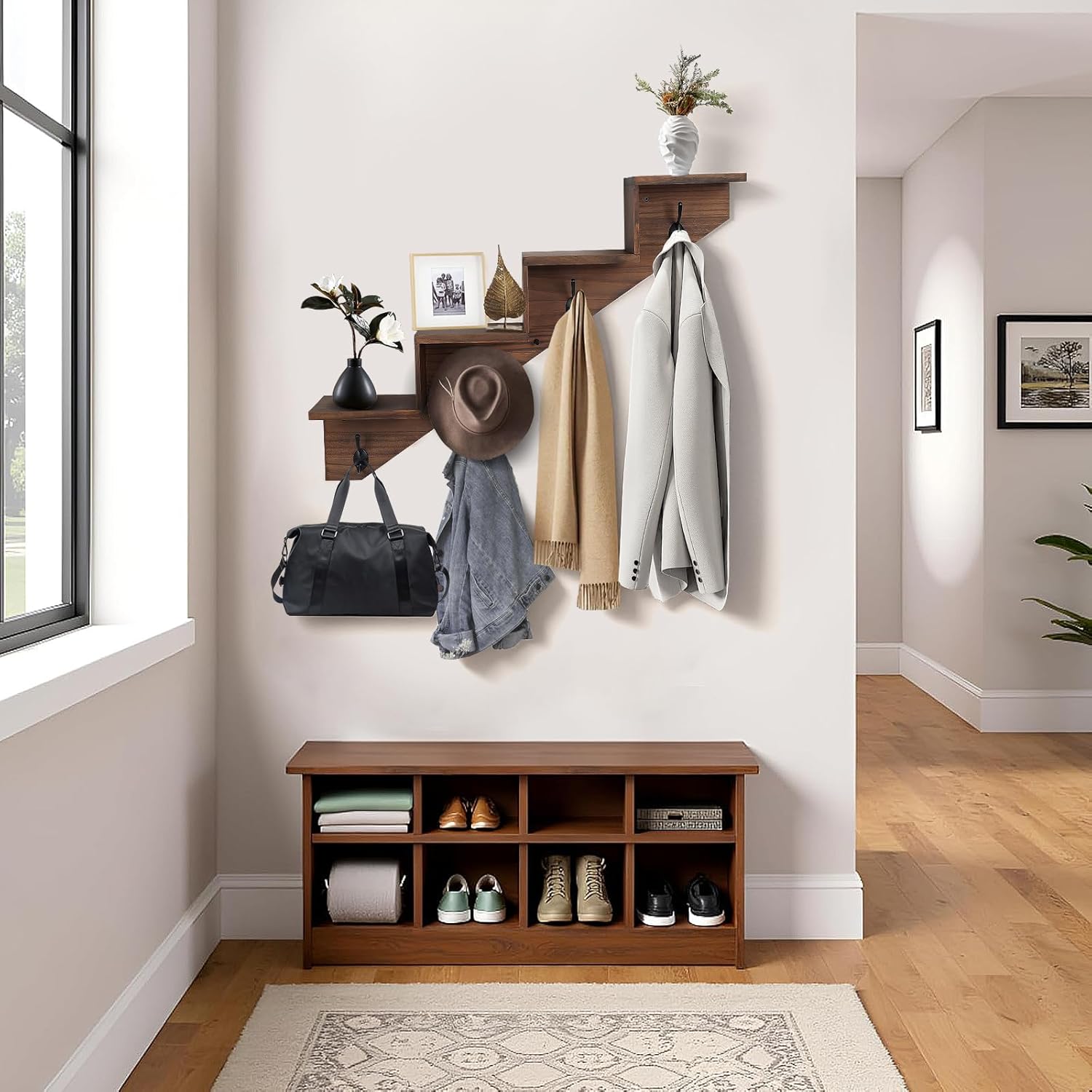 Hookmous Coat Rack Wall Mount with Shelf, Brown Wall Shelf with Hooks, Sturdy​​ Wooden Rise Staircase Shelves, Space-Saving Decorative Organizer for Entryway, Mudroom, Hallway, Living Room, Bedroom