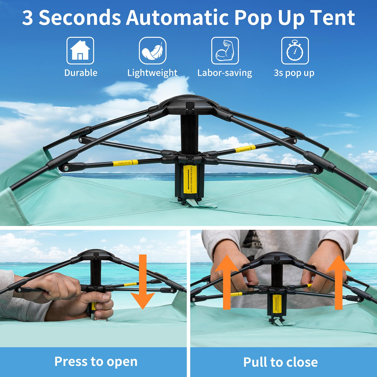 Yafaca Strandmuschel, 1-3 Personen Automatische Pop Up Zelt, Großes UV Schutz 50+ Sonnenschutz Tragbar Zwei Türen Leichtes Pop Up Strandzelt für Garten, Fischen, Picknick
