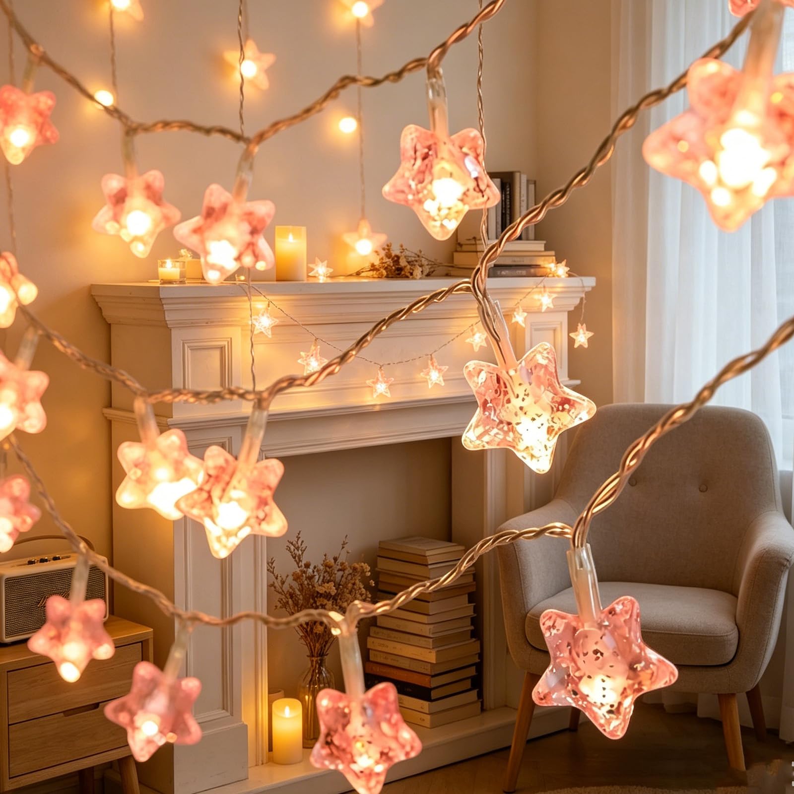 ANBET 2Pcs 3m 20 LEDs Pink Star Fairy String Lights, Flower Lights
