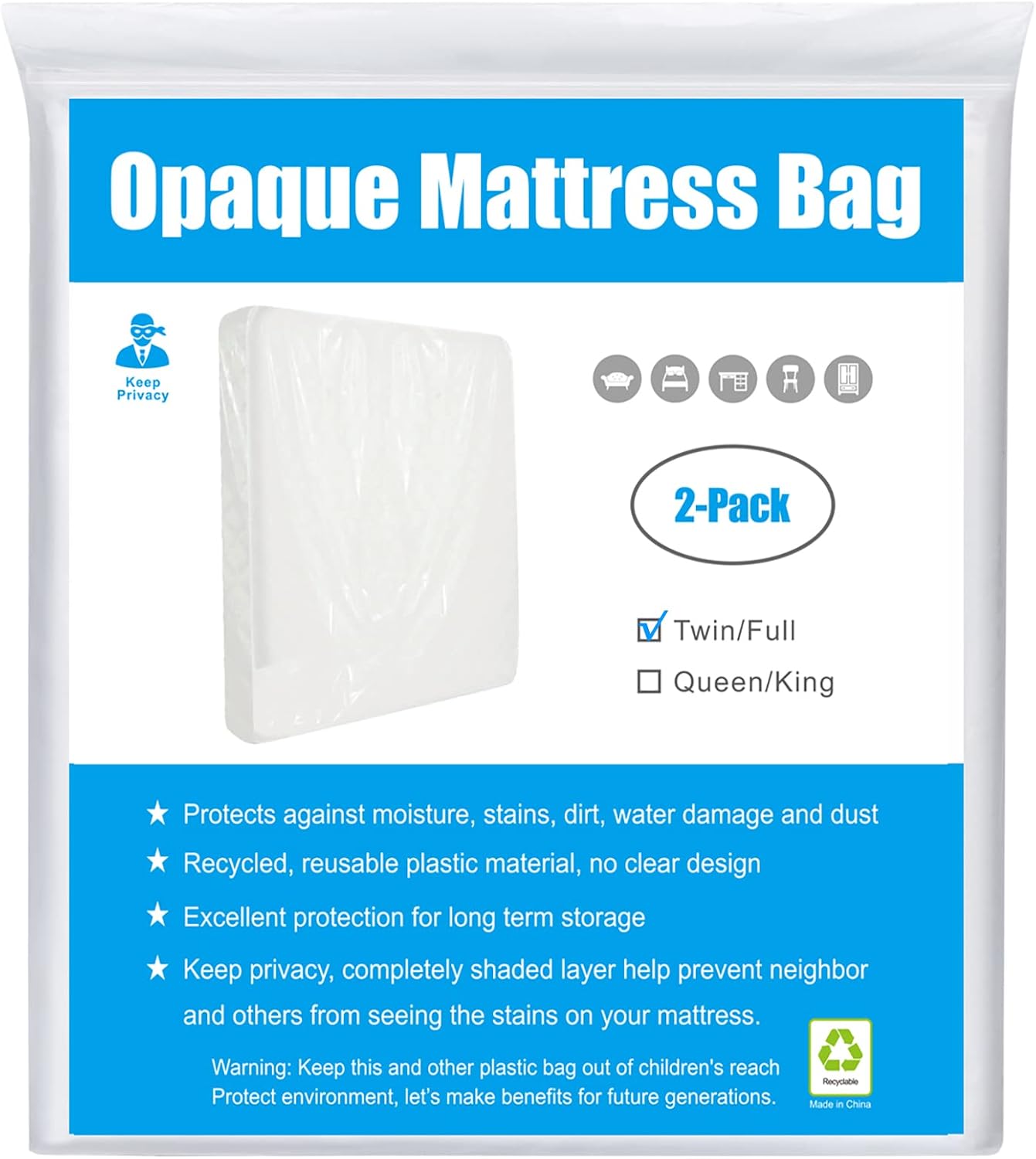 BYSURE 2-Pack 5 Mil Mattress Bag for Moving and Storage - Opaque White Mattress Disposal Bag - Fits Twin/Full Size