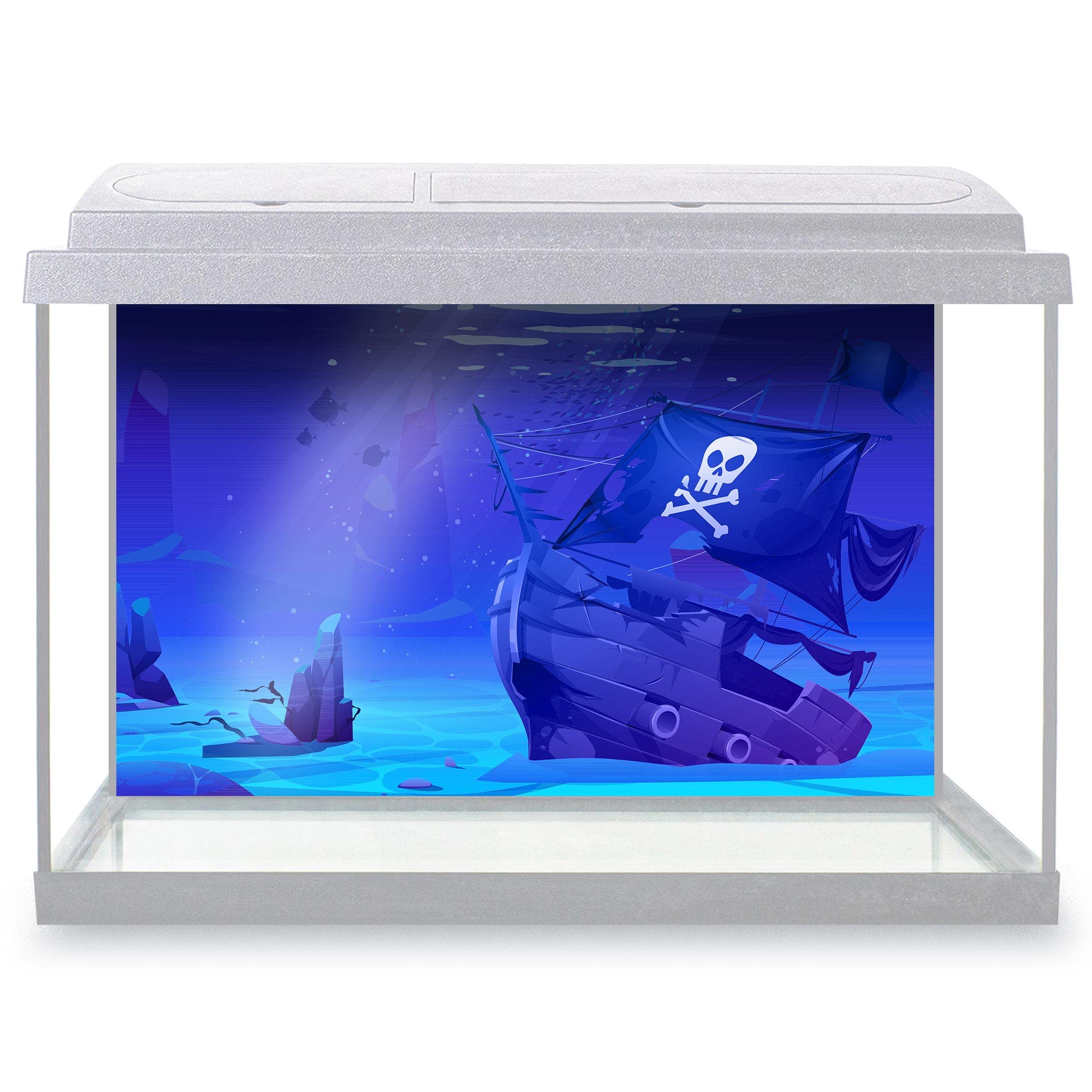 Aquarium Fish Tank Background 77x47 cm - Pirate Ship Sunken Filibuster Vessel Wooden Boat Jolly Roger Flag Sandy Bottom Cartoon Static Cling Vinyl Vivarium Terrarium External Application #500127 — image 1