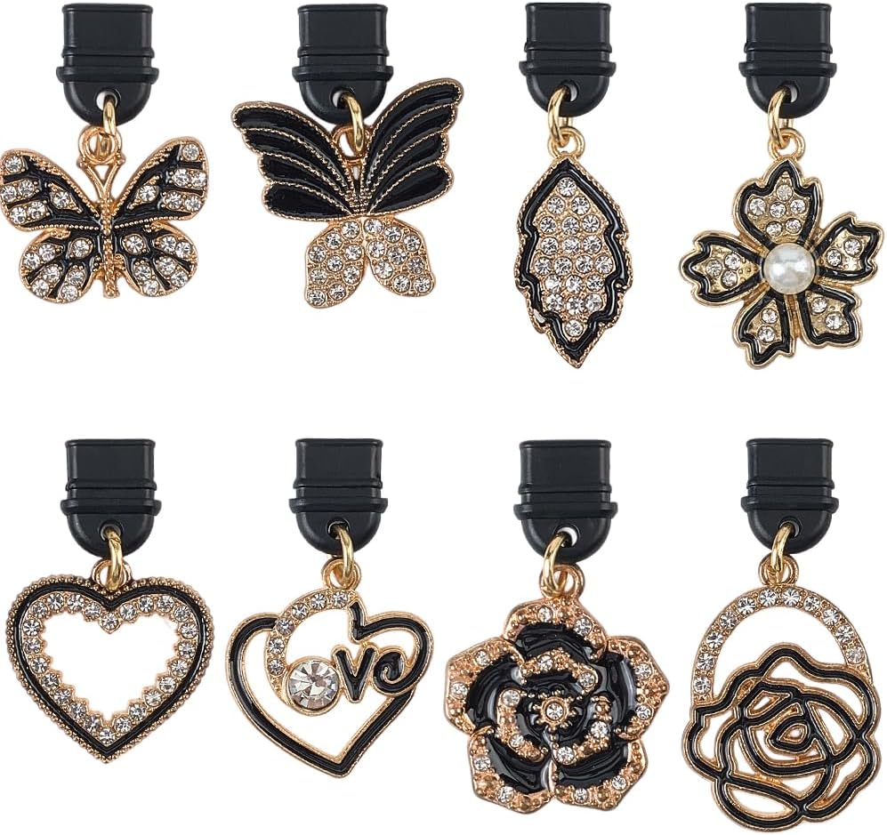 SUNNYCLUE 1 Box 8 Styles Butterfly Dust Plug Charm Type C Phone Charging Port Charm Black Heart Flower Metal Enamel Rhinestone Dust Proof Cover Pendants for Earphone Pad Type C Cleaner Protector