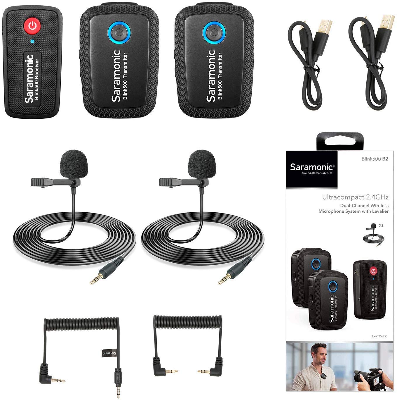 Saramonic Blink500 B2 Dual-Channel Mic Two Transmitters 2.4GHz Wireless Lavalier Microphone System for DSLR Camera, Mirrorless, Video and Smartphone for YouTube Facebook Live Vlogging (TRS & TRRS)