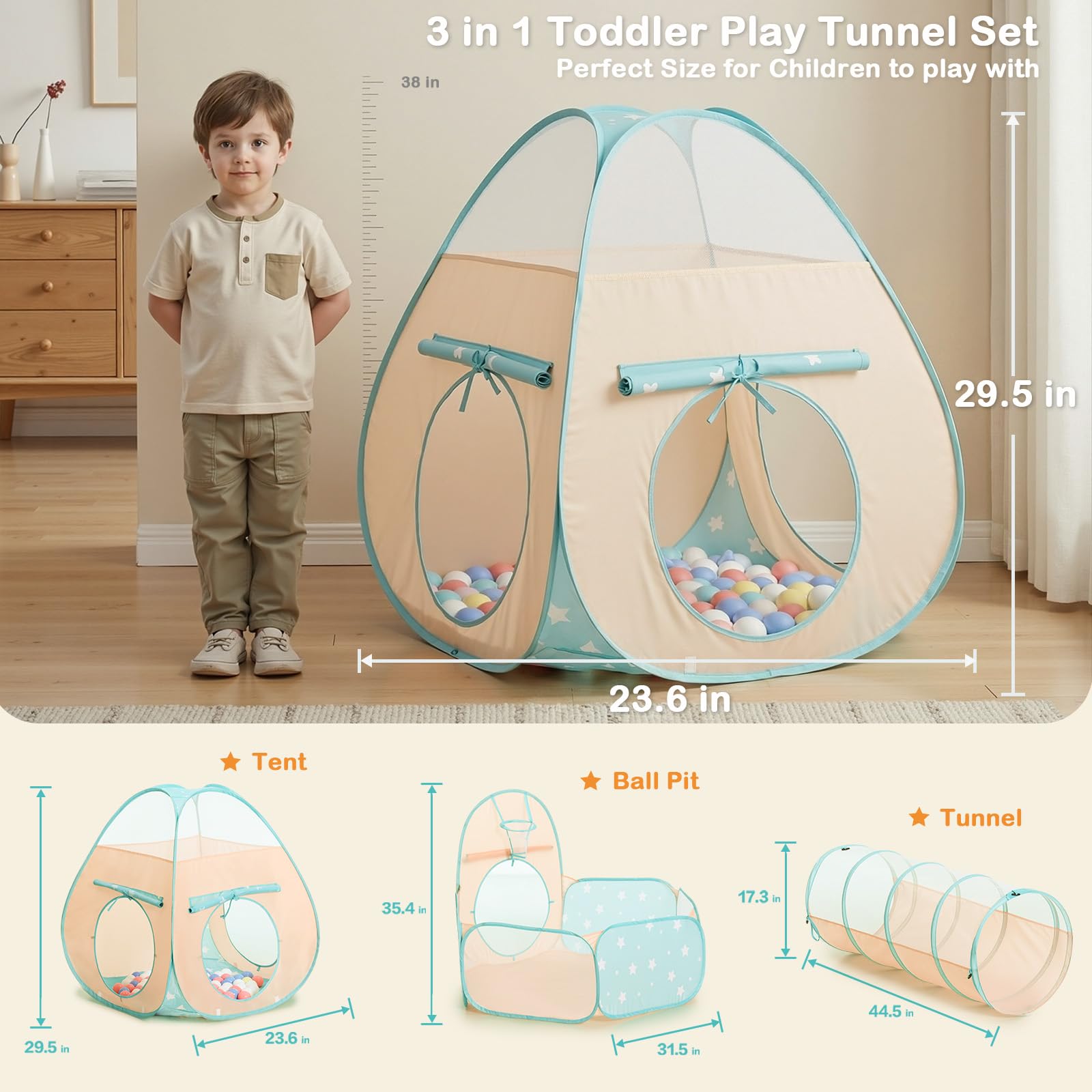 SISTICKER Tenda da gioco per bambini con piscina di palline: tenda da gioco pop-up 3 in 1 con tunnel per gattonare, con borsa per il trasporto