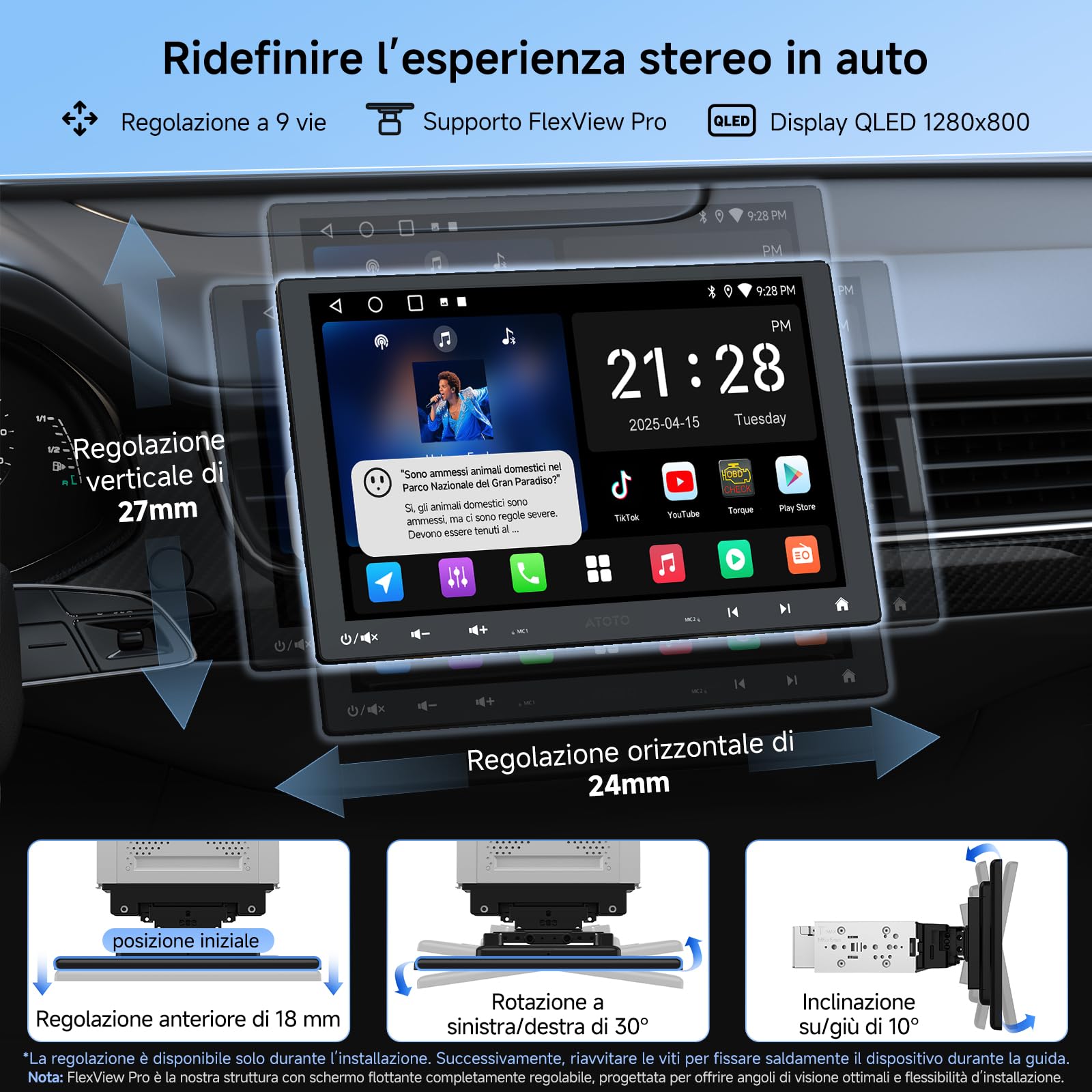 ATOTOZONE A5L Autoradio Android 10 Pollici Adattivo per 1DIN&2DIN, Schermo Futtuante, CarPlay e Android Auto Senza Fili, Tethering via WiFi/BT/USB, Mirrorlink, DSP/FM/RDS, GPS Navi, 2G+32G, A5LG110T