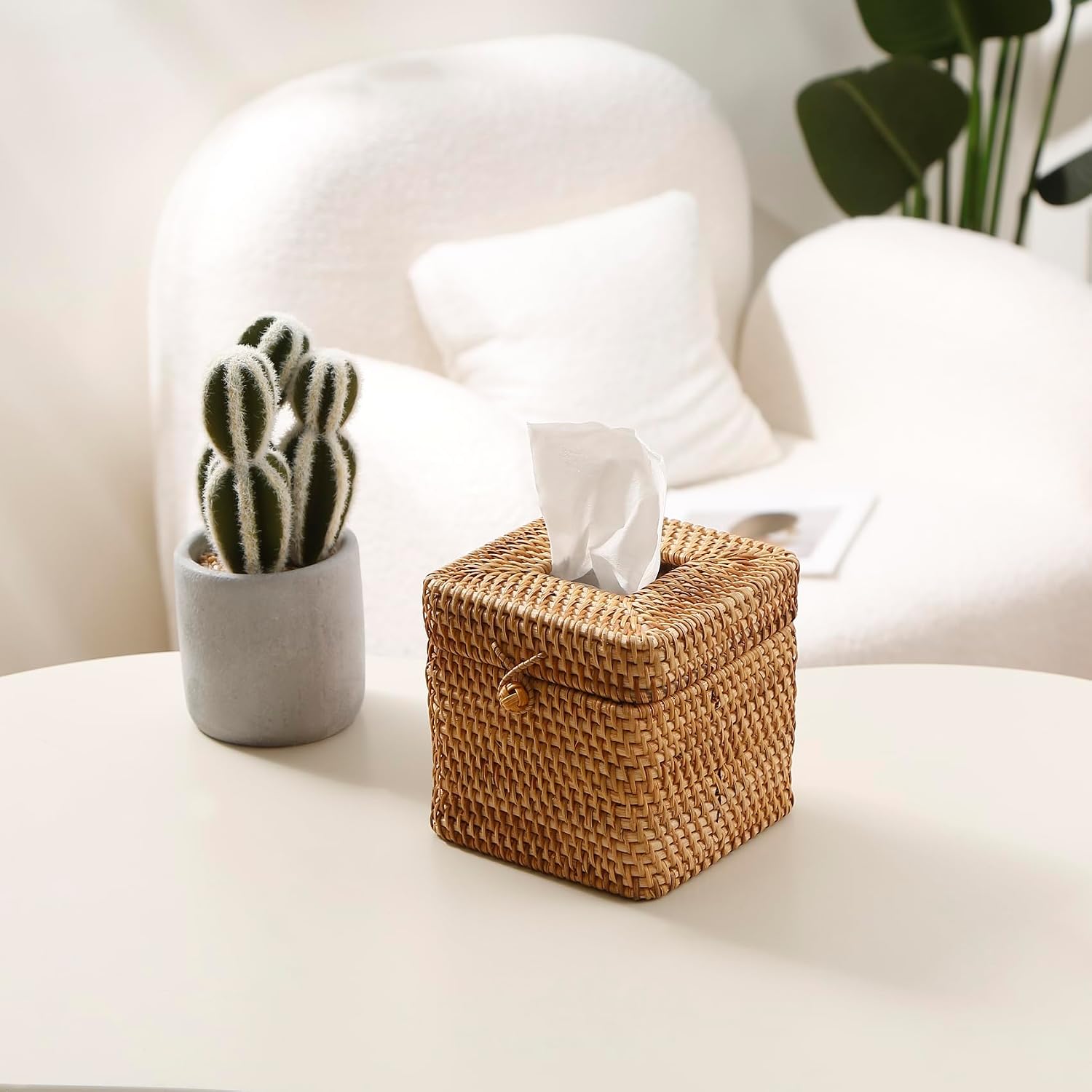 Rattan Square Tissue Box Cover, 5.7" x 5.7" x 5", Decorative Woven Facial Tissue Holder with Hinged Top Lid (Natural)