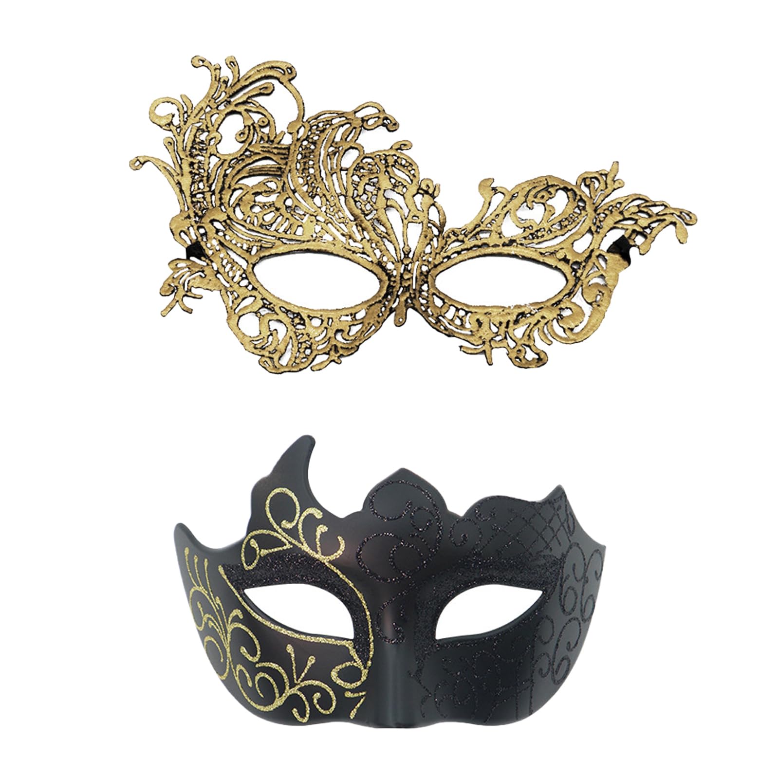 2-Pack Venetian Masquerade Masks, Black & Gold, Adjustable, for Adults