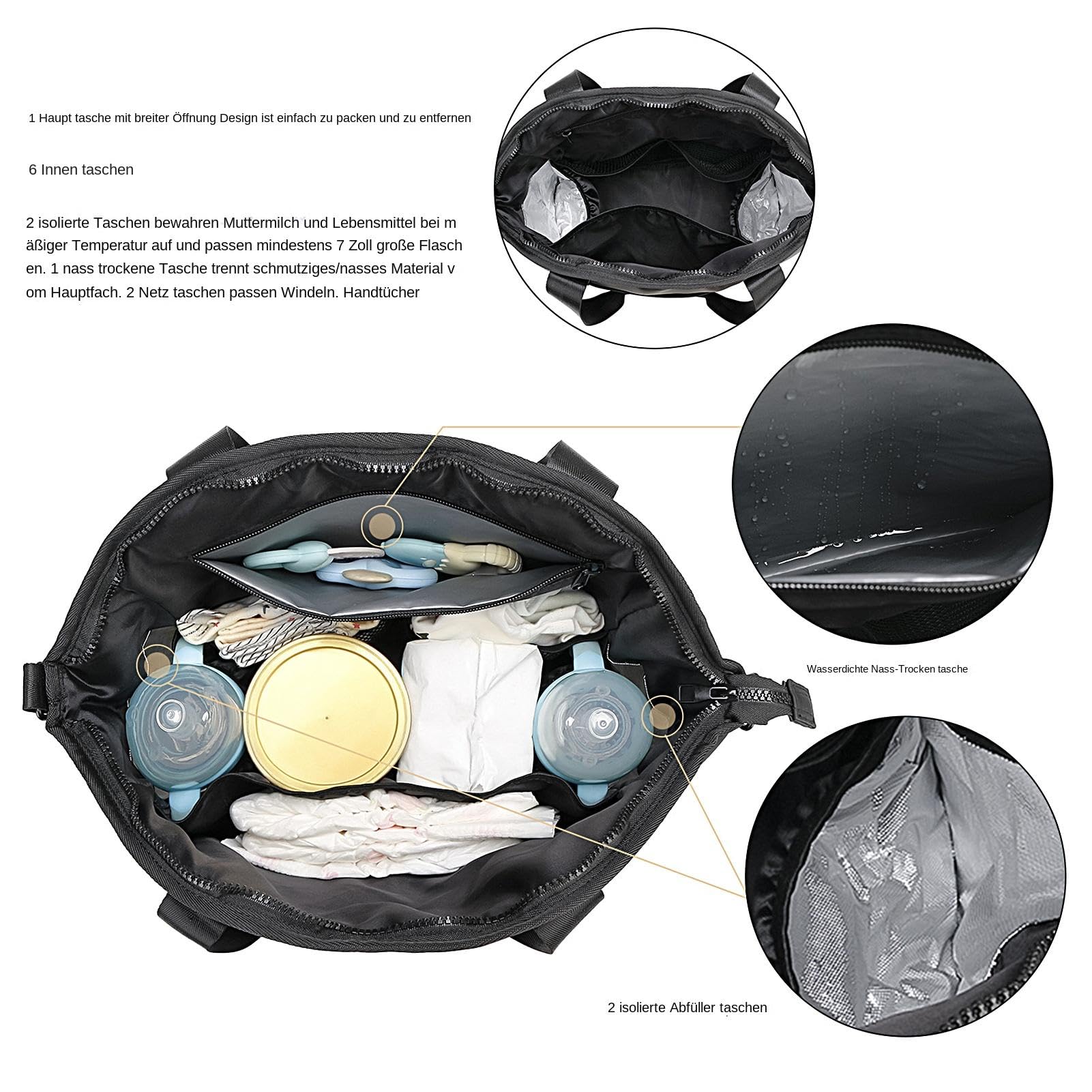 Borsa fasciatoio da donna, organizer per passeggino, impermeabile | borsa per la mamma, borsa fasciatoio, tracolla con grande capacità per vestiti da viaggio, salviettine umidificate, Nero , ve