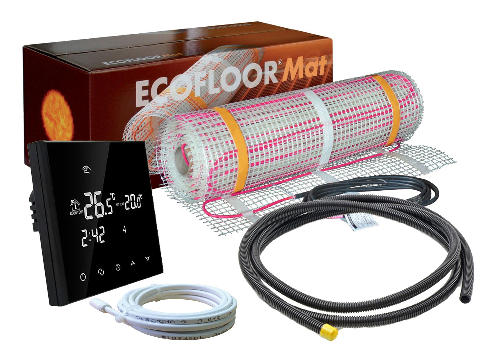 Komplett-Set elektrische Fußbodenheizung Ecofloor 200 W/m² mit Thermostat RT-50 schwarz (6 m² - 0,5 x 12 m)