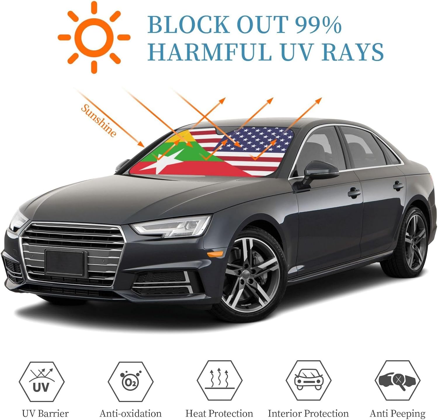 America Myanmar Friendship Flag Foldable Car Windshield Sunshade Blocks Heat and Sun Glare Uv Rays