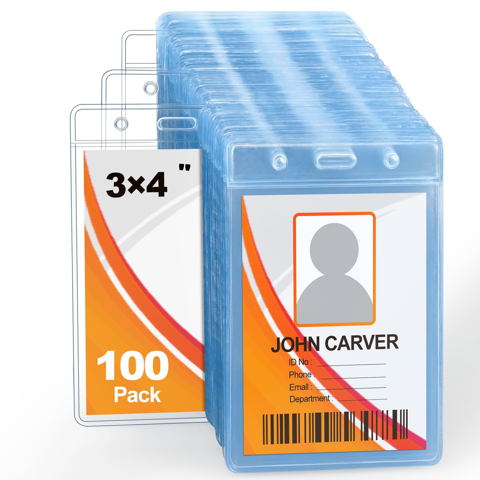 100 Pcs No Zipper ID Name Badge Holder 3 x 4 Inches Clear Plastic Vertical ID Card Holder