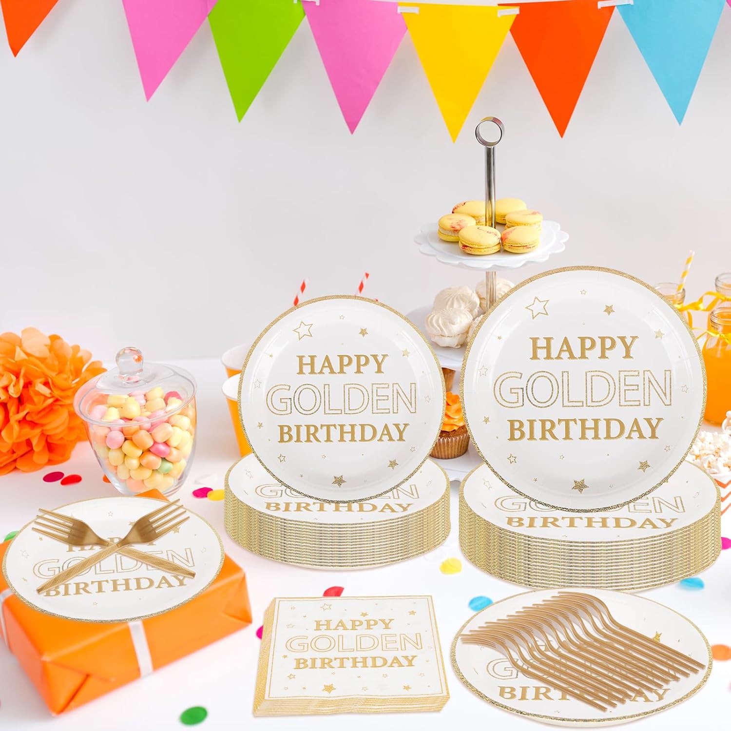 200 Pcs Happy Golden Birthday Party Plates Supplies,White Gold Birthday Party Paper Plates Napkins and Forks Kit for Gold Glitter Birthday Dessert Party Boy Girl Birthday Party Decoration,Serve 50