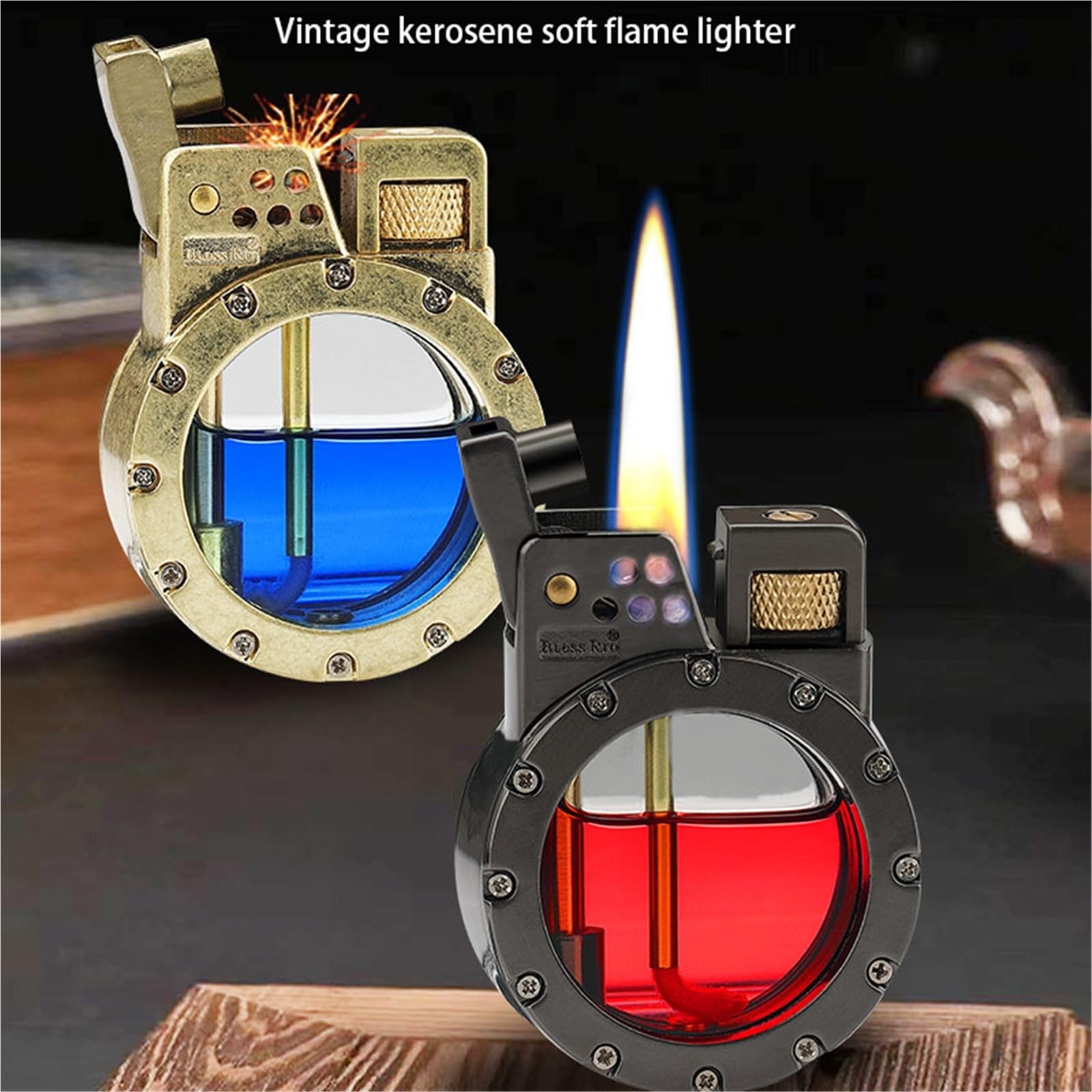 Zapalniczka naftowa z miękkim płomieniem, metalowa zapalniczka do wielokrotnego napełniania do kolekcji, użytku osobistego lub na prezent, klasyczny design vintage