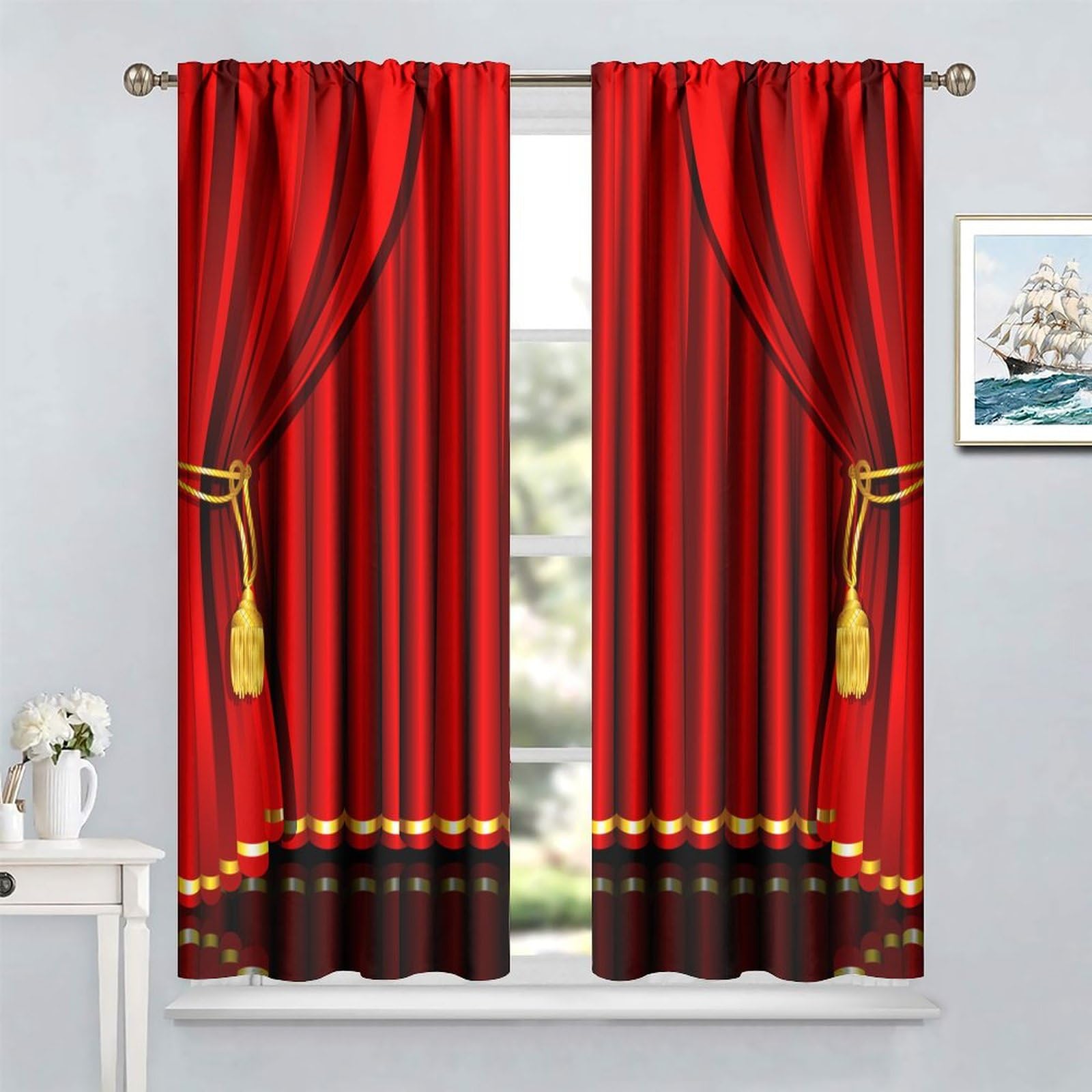 Cortinas de teatro, espectáculo, concierto y teatro, cortinas rojas para ventana de dormitorio, sala de estar, 132 x 213 cm