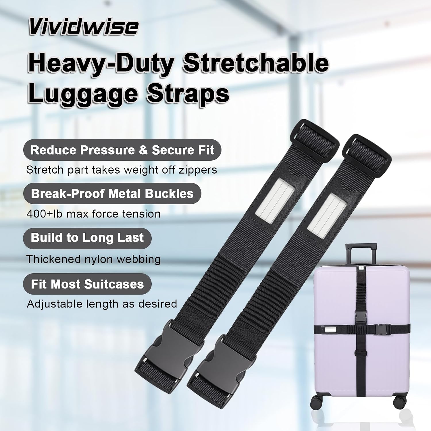 Luggage Straps for Suitcases, Stretchable TSA Approved Suitcase Straps, Heavy Duty Metal Buckle Luggage Attachment Belt Travel Accessories, Adjustable 72" Long