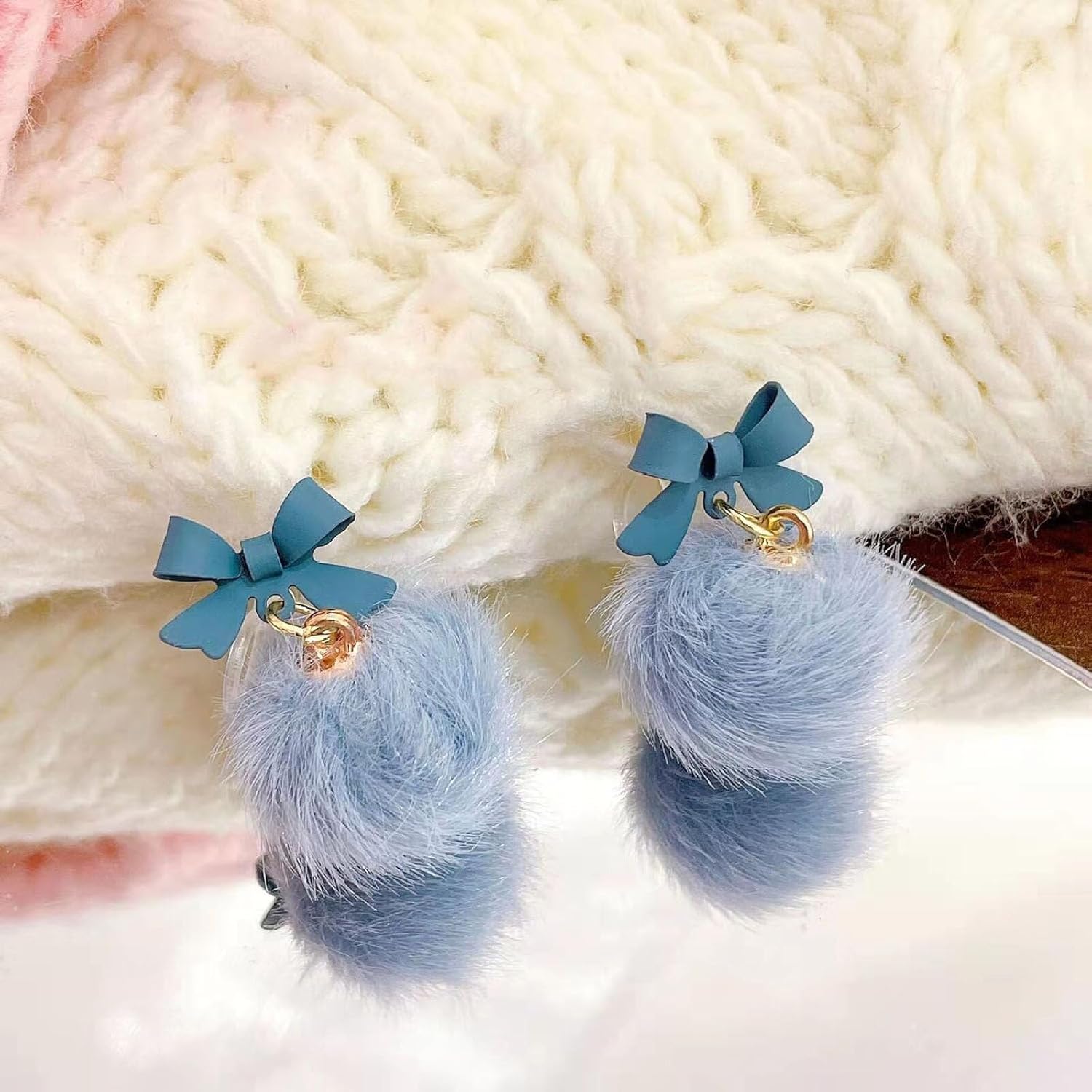 Bow Pom Pom Earrings for Women Winter Pompoms Earrings Pink Blue Fluffy Pom Bowknot Earrings Christmas Party Jewelry Gifts - Image 4