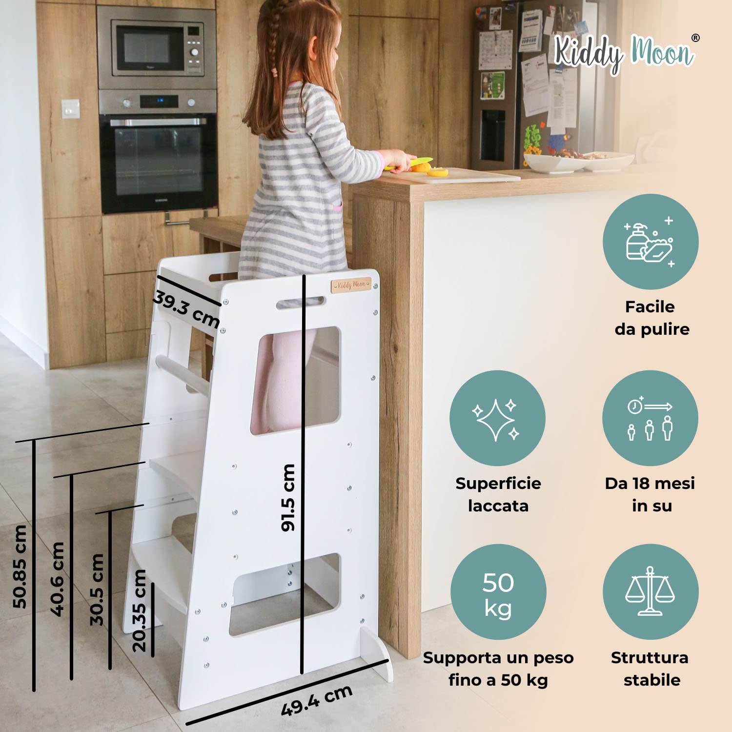 KiddyMoon Torre Montessori Bambini, Learning Tower Cucina, Pedana Regolabile 3 Altezze, Bianco
