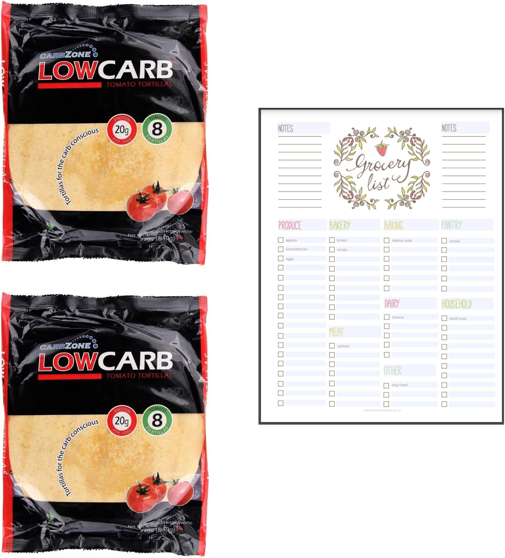 Tortilla Wraps Bundle which Contains CarbZone Low Carb Tortilla Tomato 320g - Pack of 2 with Grocery List Card