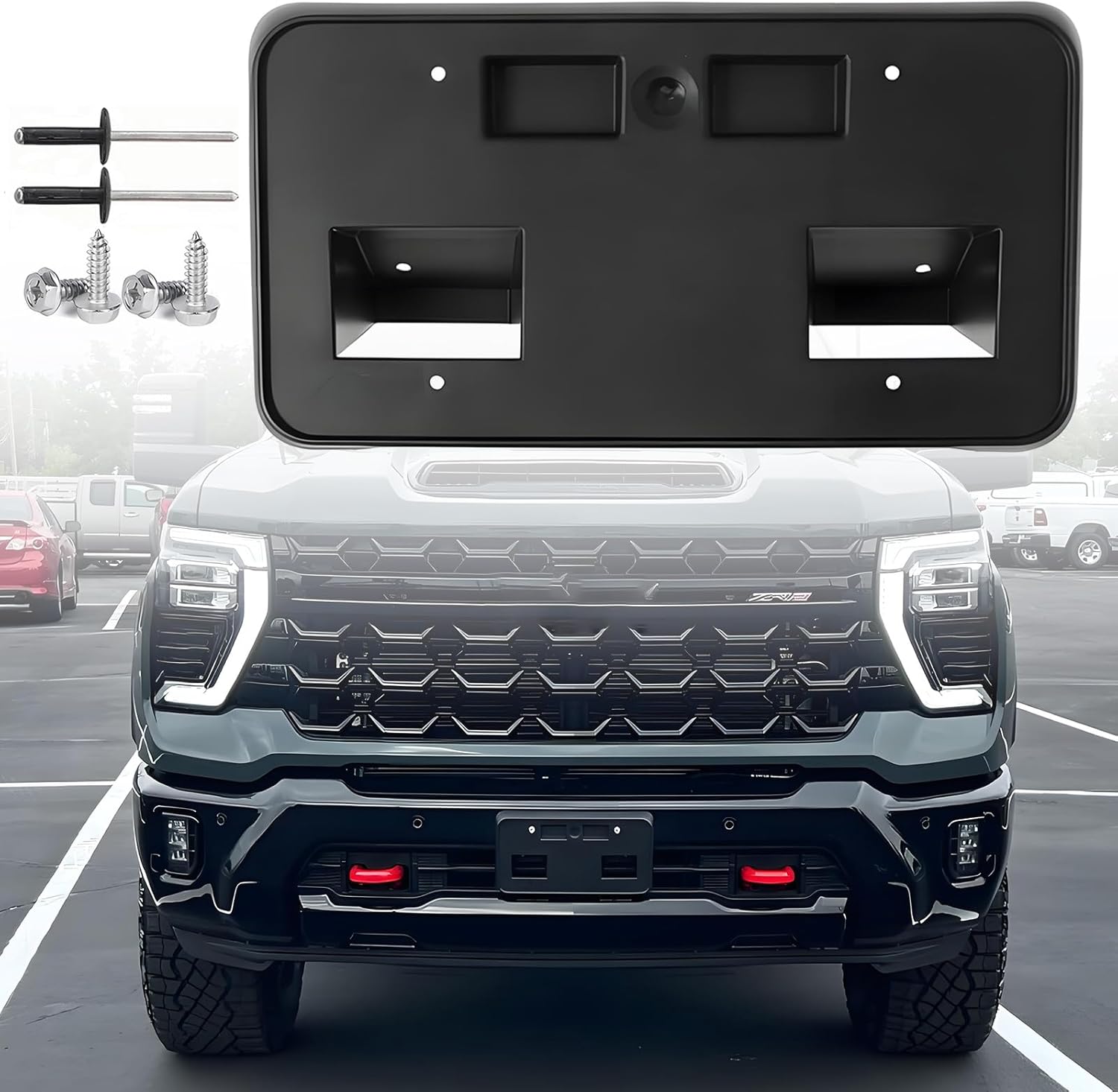 FASTCHE Front License Plate Frame Compatible with 2024 2025 2026 Chevy Silverado 2500 HD 3500 HD Front Bumper License Plate Holder Mounting Bracket Replace # 85650573 GM1068256