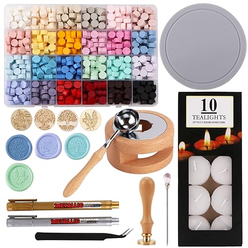 Kit de sellos de cera con caja de regalo, 24 colores, 624 cuentas de sellado de cera, 4 sellos de cera, calentador de cera de sellado, cuchara de