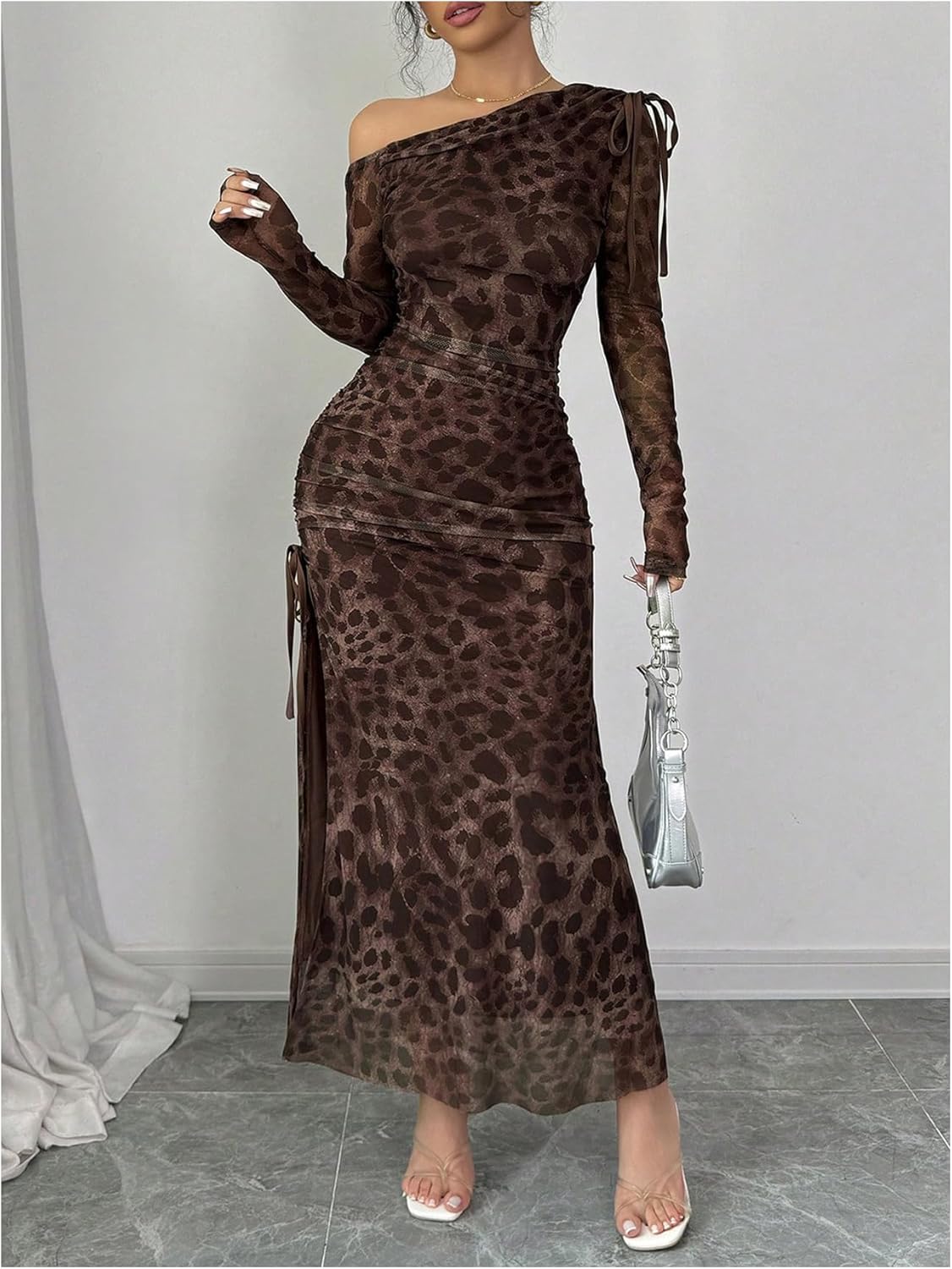 Milumia Women's Leopard Mesh Asymmetrical Neck Maxi Dress Long Sleeve Drawstring Slit Thigh Dresses - Image 6