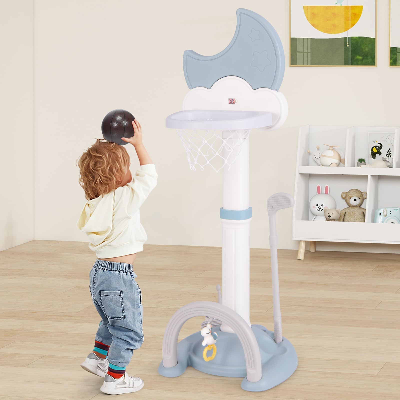 GOPLUS 4 en 1 Panier de Basket Enfants Réglable 114-152 cm, Effet Sonore de But, Tableau de Score Electronique en Forme de Lune, Football, Jeu de Golf, Anneaux, pour Intérieur Extérieur (Bleu)