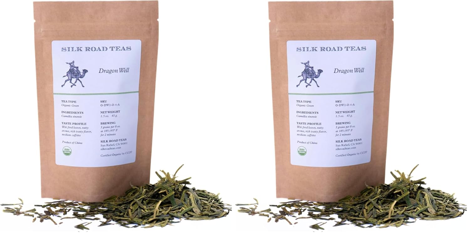 Silk Road Teas, Organic Loose Leaf Green Tea, Dragon Well, Longjing, Invigorating, Sweet & Chesnut Flavors, 1.5 ounces (Pack of 2)