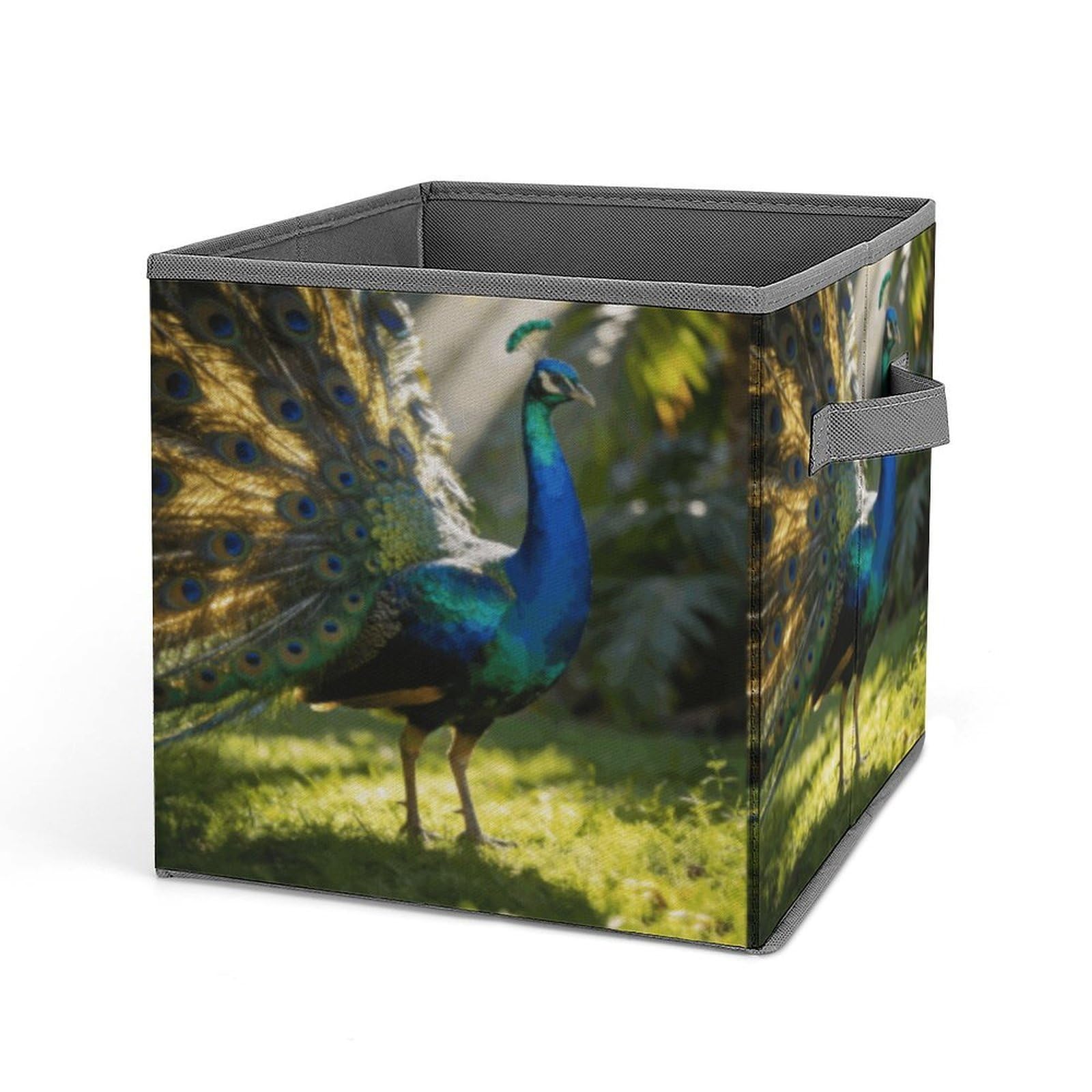 Peacock Storage Baskets Collapsible, Exquisite Pattern Cube Box, Canvas Fabric Storage Bins with Handles, Clothe Organizer Box for Home Decorative Office Bedroom