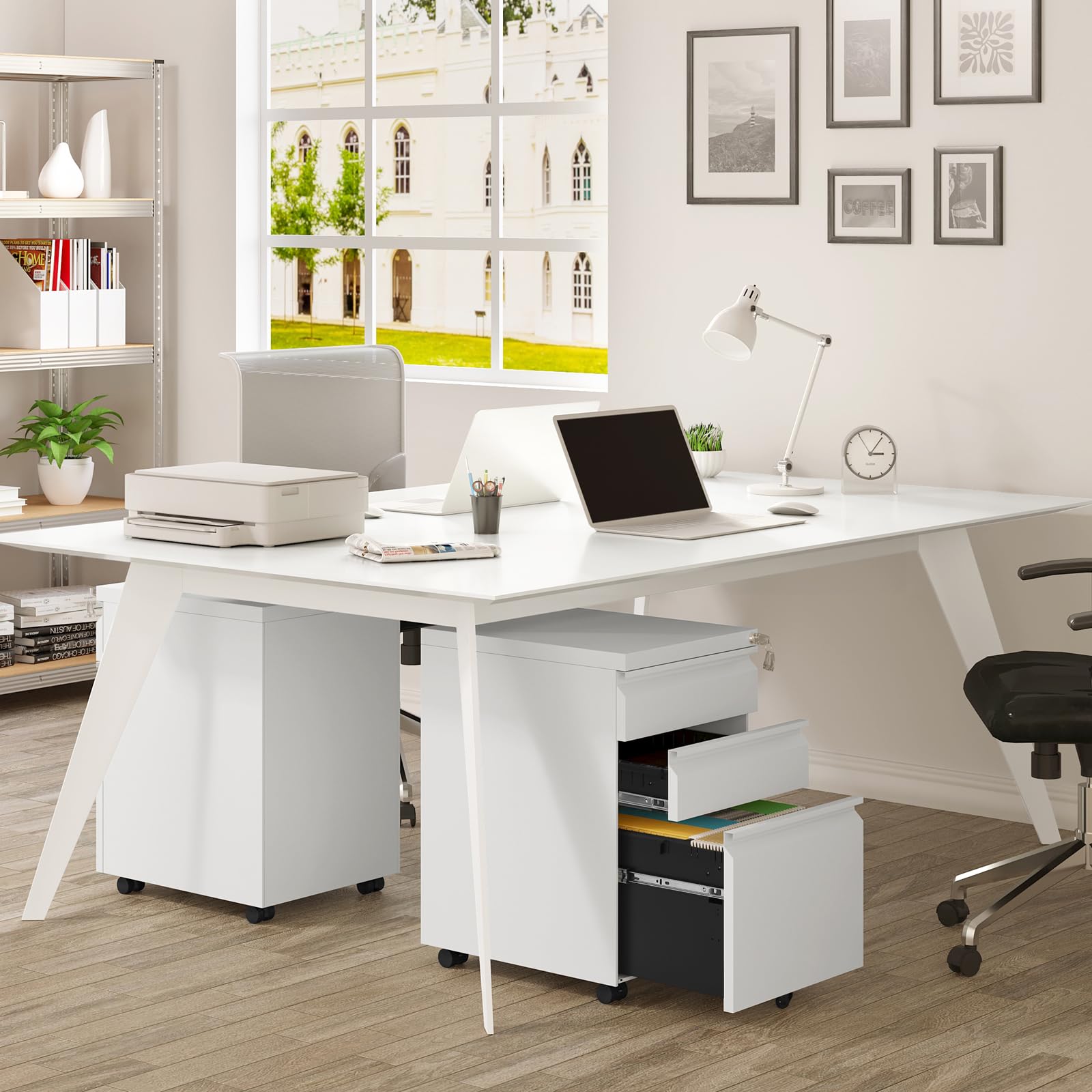 WOLTU Caisson de Bureau Mobile, Meuble de Rangement pour Dossiers Suspendus, Caisson sur roulettes, Armoire Documents avec 3 Tiroirs Verrouillables, en Métal,39 x 46 x 62cm, Blanc, ASK03ws