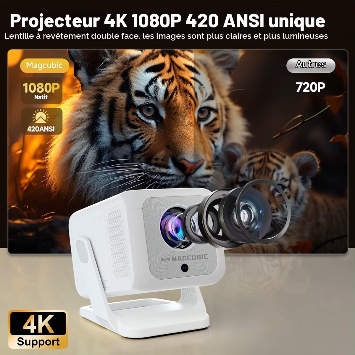 Mini projecteur HY310X 4K Full HD 1080p 420ANSI Android 14, Mise au Point Automatique, Correction Keystone, pour projecteur sur Pied de cinéma extérieur