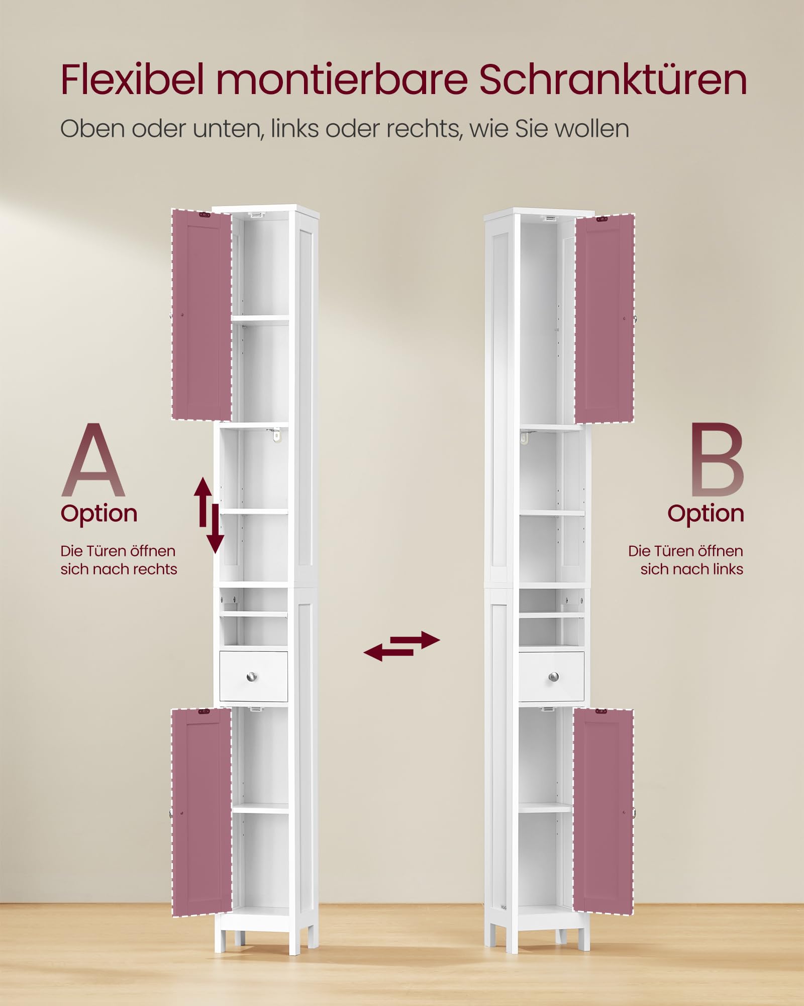 VASAGLE Badezimmerschrank, Badschrank, hoch, schmaler Aufbewahrungsschrank, mit verstellbaren Ablagen, Schublade, offenen Fächern, für kleine Räume, modern, wolkenweiß BBC765W01