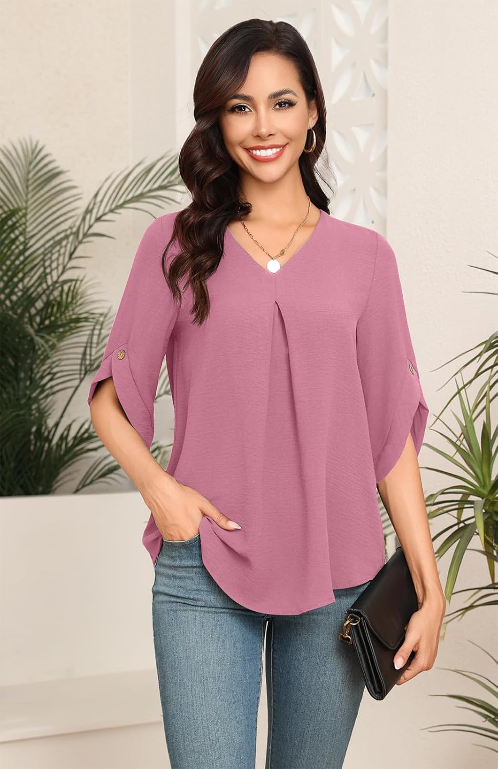 LAOLASI Womens Summer Chiffon Blouses Bell Short Sleeve V Neck Casual Dressy Work Tops for Leggings 2025 Loose Flowy Tshirts - Image 3