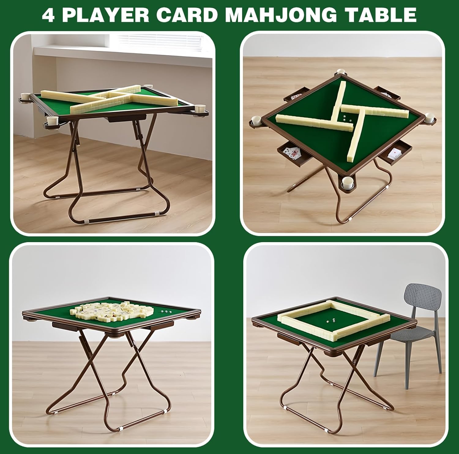 4 Player Card Mahjong Table, Domino Table with Folding Legs, Portable Folding Table with 4 Holders & 4 Grooves, Foldable Game Puzzle Table Both for Table Games