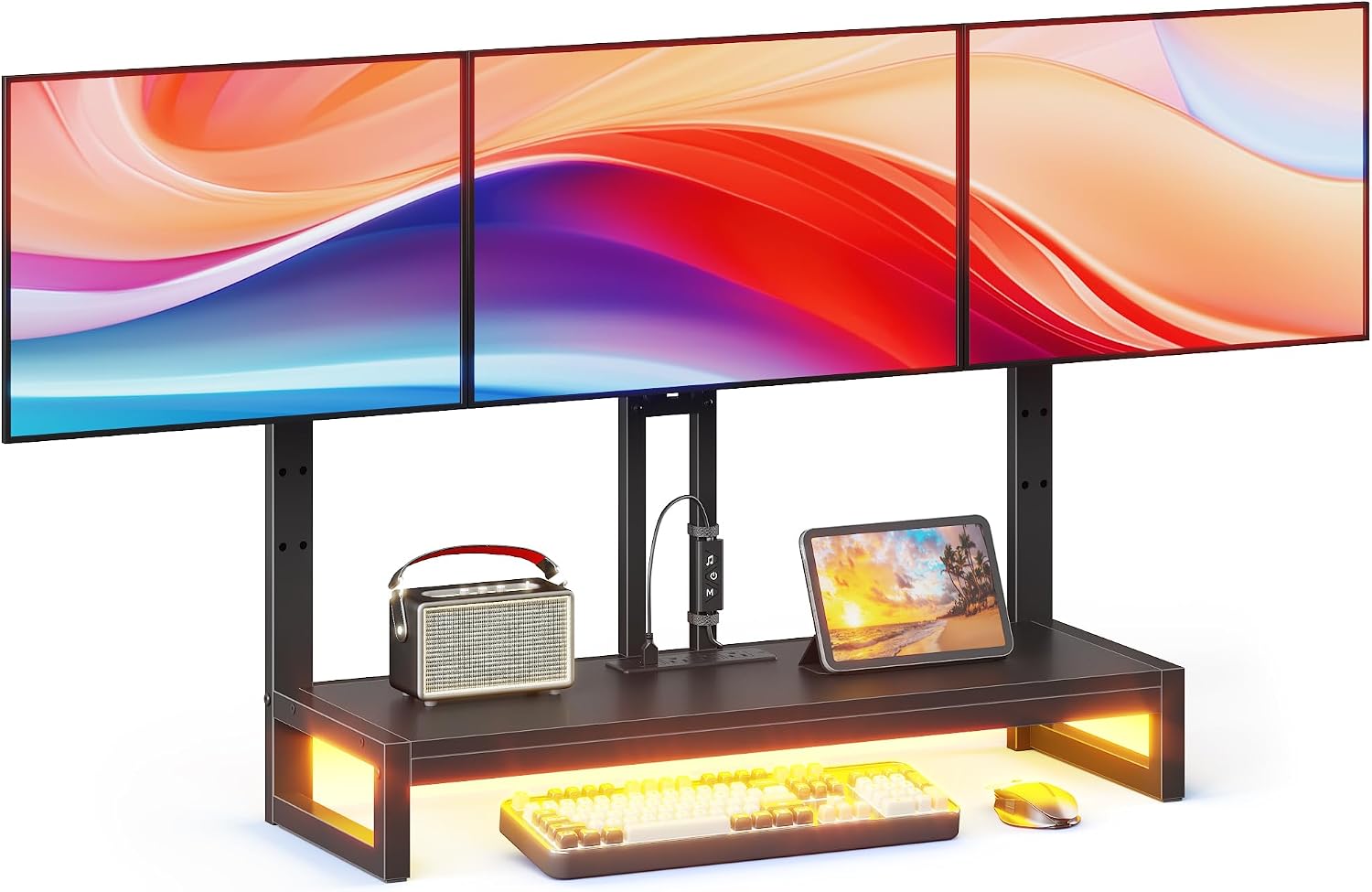 YAOHUOO Monitor Stand Arm with LED Light,Adjustable Desk Monitor Mount for 3 Screens, Heavy Duty Fully Stand Riser with Clamp, Storage Shelf for Office,Living Room