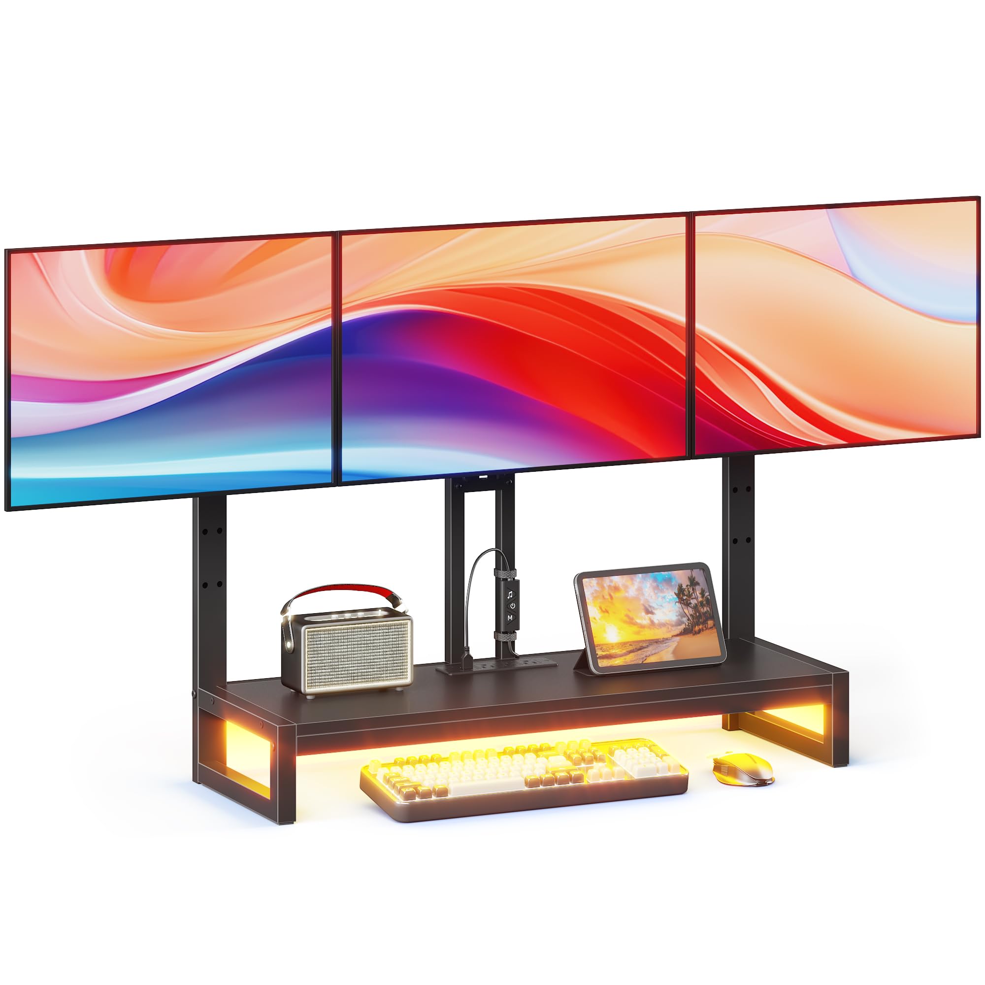 YAOHUOO Brazo de monitor con LED, soporte ajustable para monitor de escritorio para 3 pantallas, elevador de soporte completo resistente con abrazadera, estante de almacenamiento para oficina, sala de