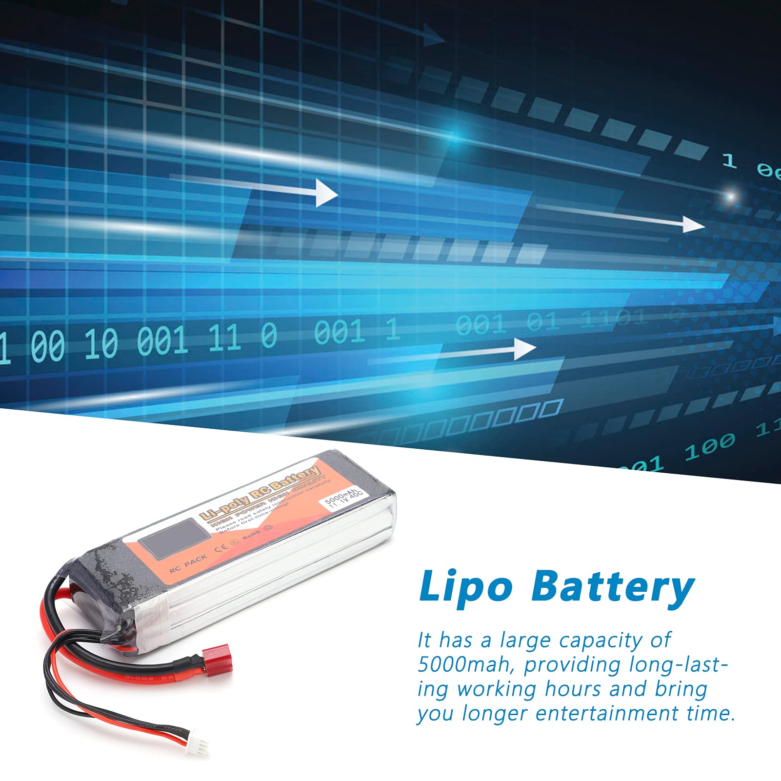 Batteria Lipo da 11,1 V 5000 MAh per Auto RC, Droni, Elicotteri, Scarica Elevata 40 °C, Batteria Al Litio Durevole con Spina a T, Dimensioni Compatte 5,2x1,7x1,0 Pollici