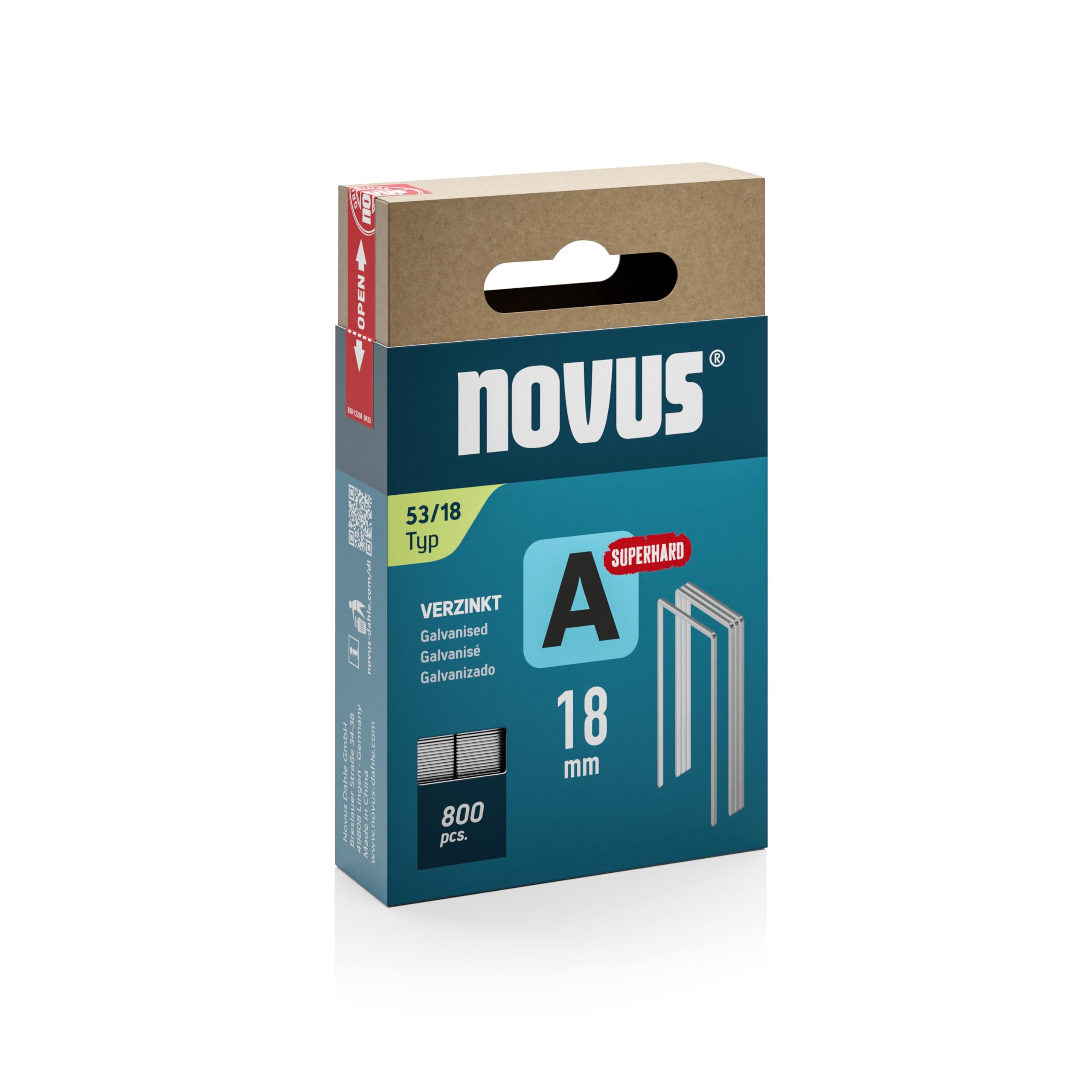 NOVUS TOOLS Fine Wire Staples 18 mm "Super Hard", 800 Staples Type 53/18, Sliding Box, Stapling for Fabrics, Fabrics and Wire Mesh