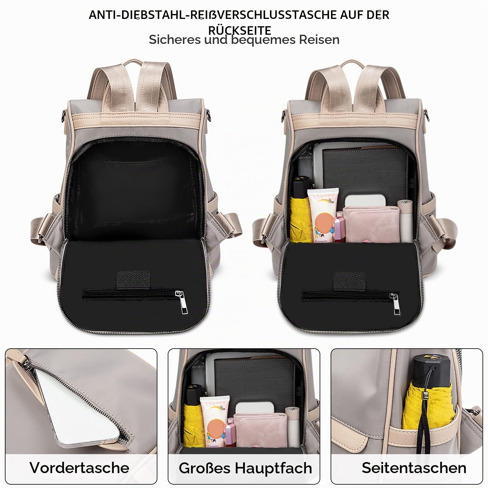 Damen Rucksack Anti-Diebstahl Tagesrucksäcke Leicht Schulranzen Reise Rucksäcke Schulter Tasche Tourismus Beiläufig Umhängetaschen Wasserdicht Frauen Rucksack Grau