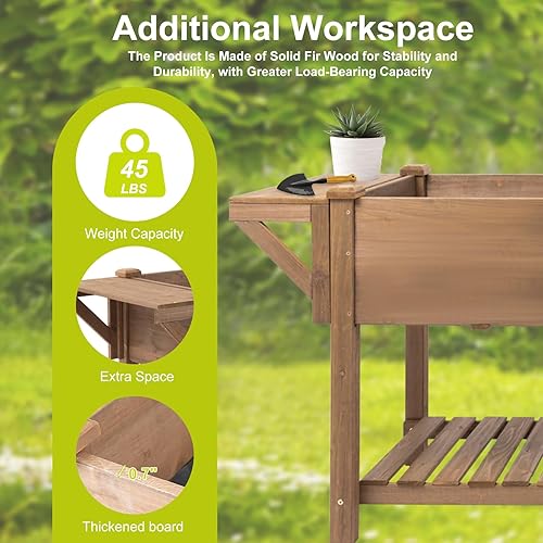 Miniatura 13 de Cama de jardín elevada con ruedas, caja de jardín elevada de madera con pestañas de conexión W, para verduras, flores, hierbas, estante