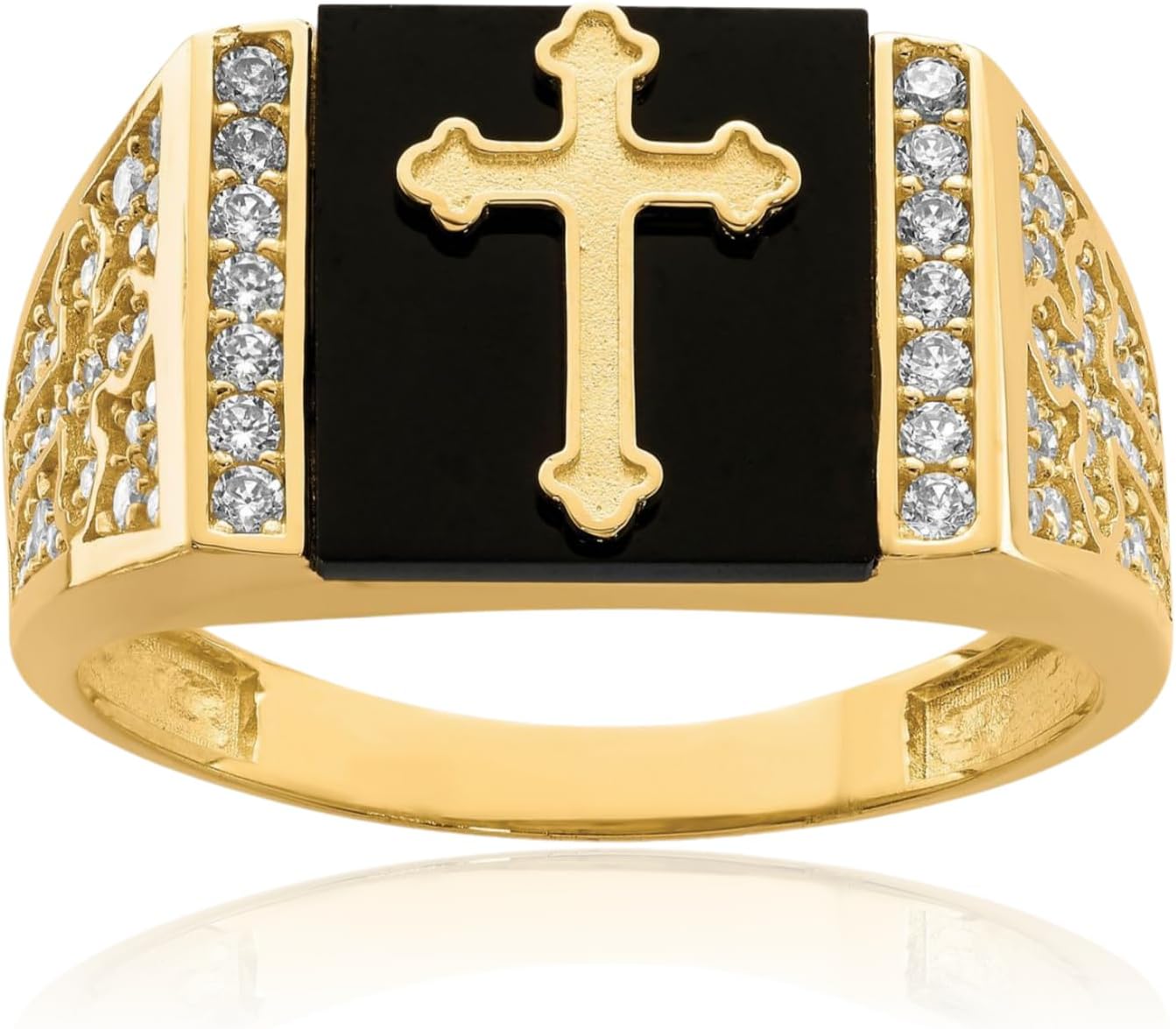 IceCarats 10K Solid Yellow Gold Black Onyx Cubic Zirconia Cross with Signet Ring 2.4mm Slim Band Prong Set