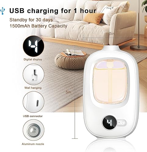Miniatura 4 de Hilton - Difusor de aceite esencial montado en la pared, recarga de aceites aromáticos, recargable, 4 modos de niebla, atomización ultrasónica,