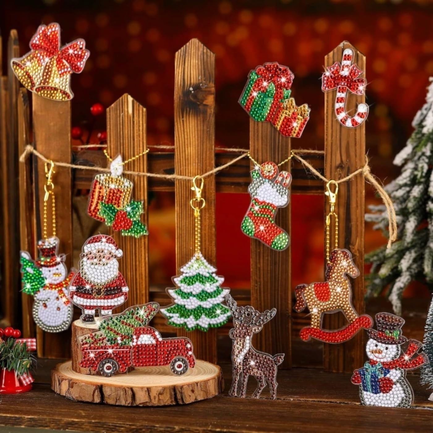 Weihnachts-Diamant-Malerei-Schlüsselanhänger-Set, 12 Stück, 5D-Strass-Ornamente zum Selbermachen, Urlaubsdekoration, komplettes Zubehör für Weihnachtsbaum-Geschenke
